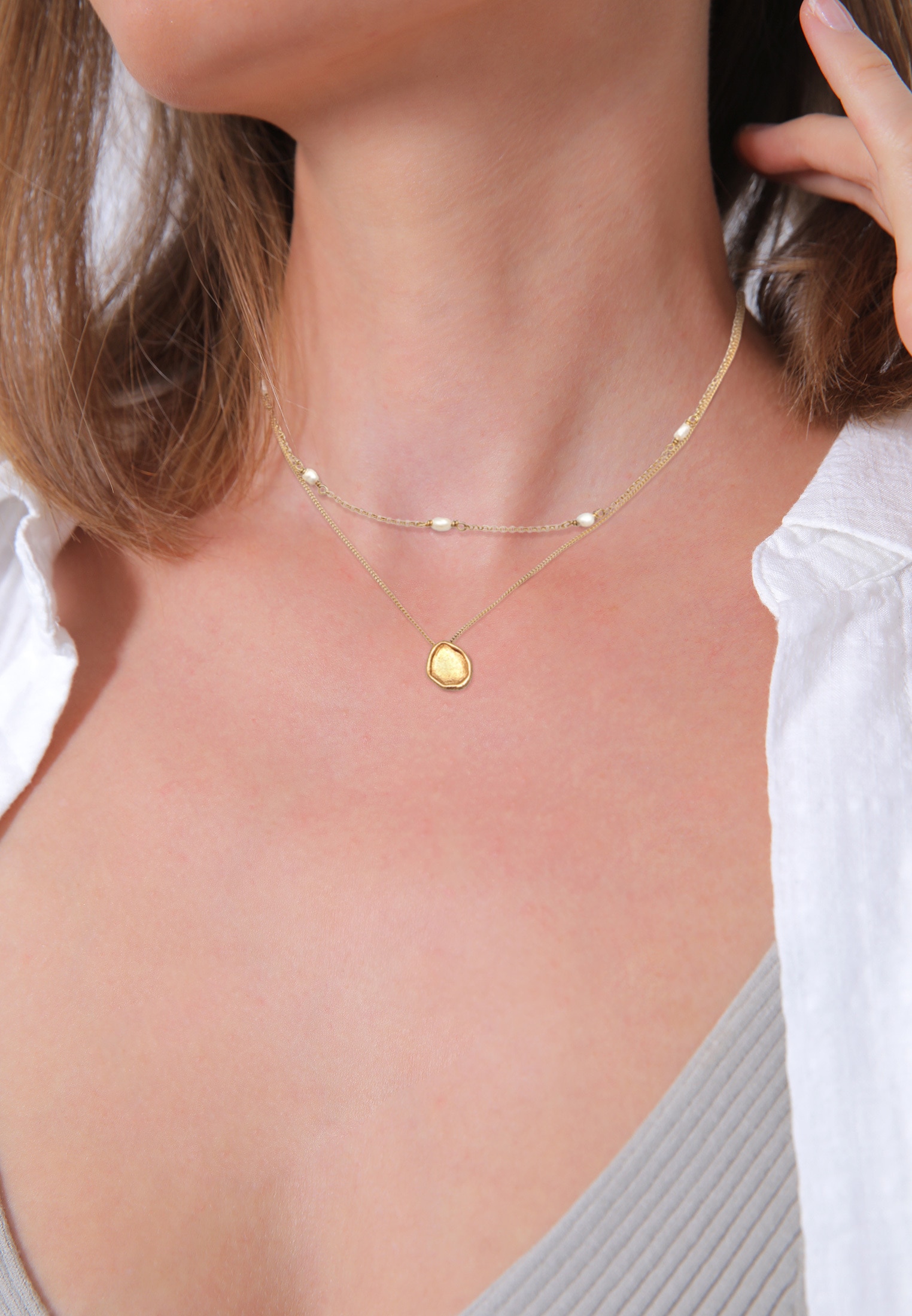 Elli Premium Silberkette »Halskette Choker Layer Süßwasserperlen Coin 925 Silber«