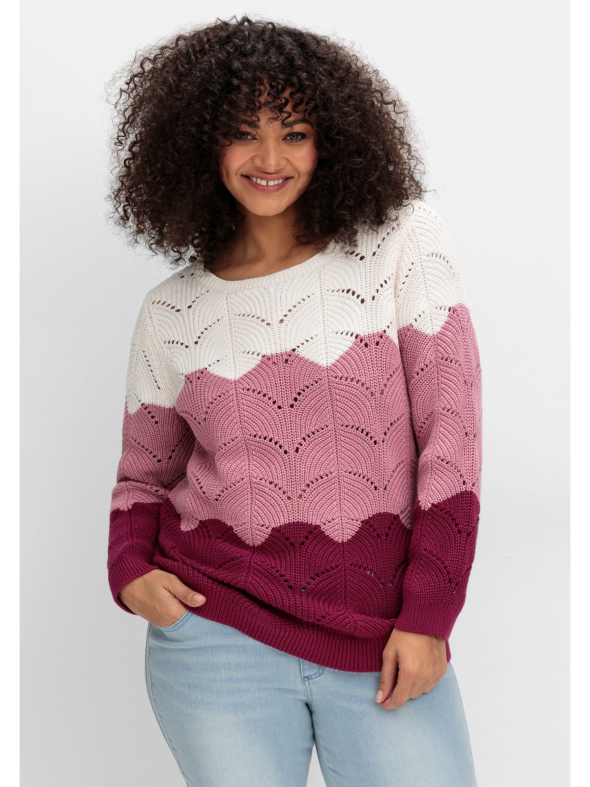 Sheego Rundhalspullover "Große Größen", im Ajourstrick, mit Colourblocking günstig online kaufen