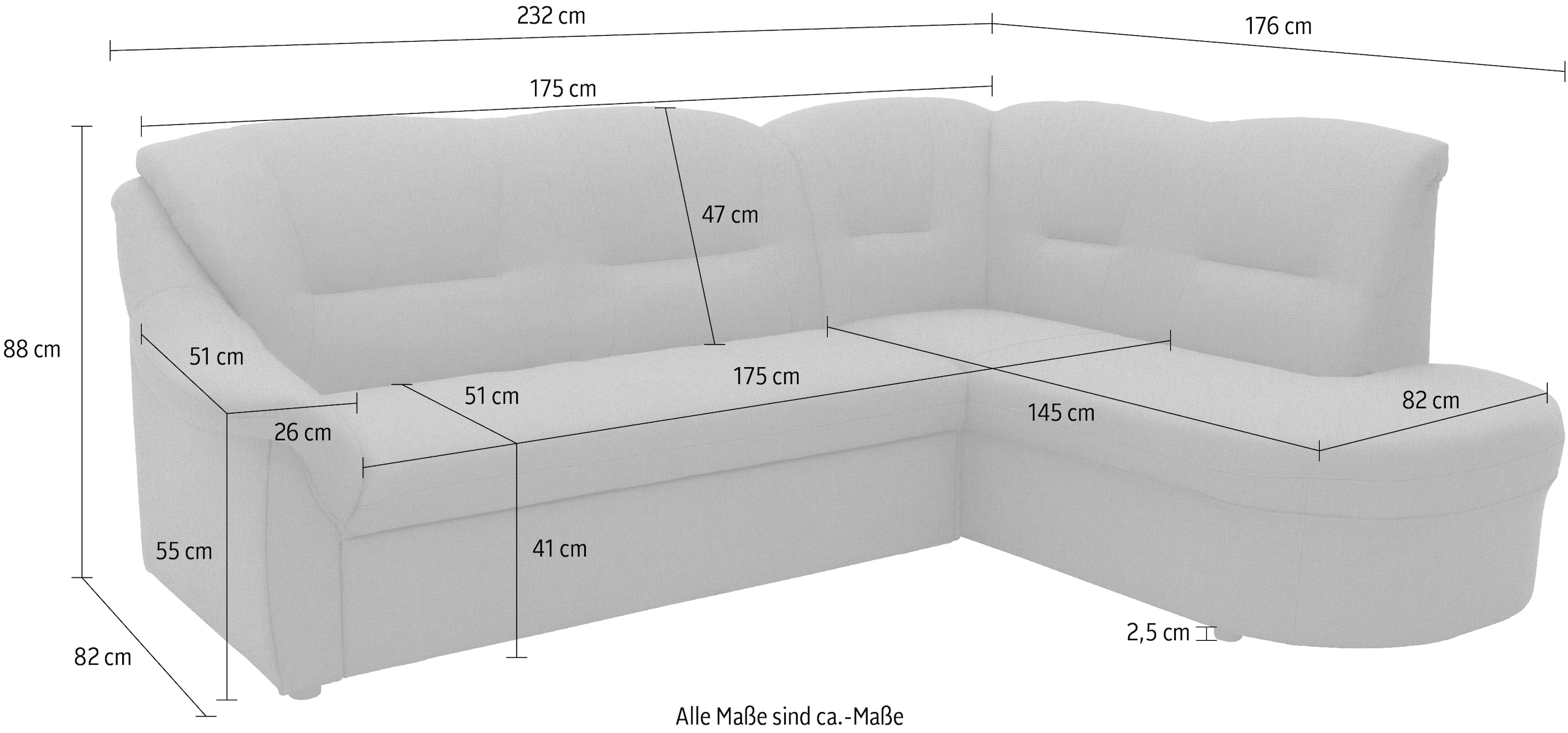DOMO collection Ecksofa »Faenza für kleine Räume, Stellmaße 232,176cm, komfortabel, L-Form«, mit Ottomane, zeitlos, elegante Armlehnen, wahlweise mit Bettfunktion