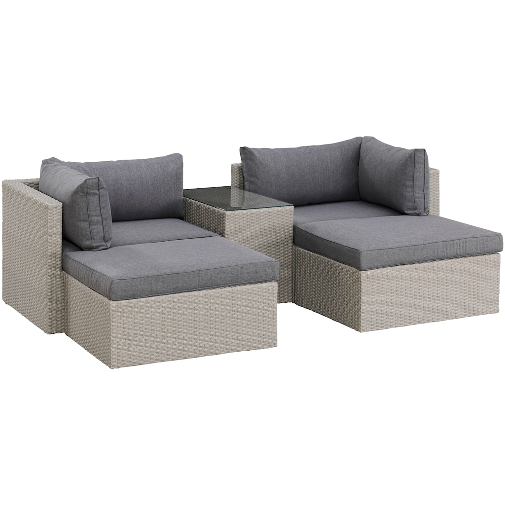 KONIFERA Gartenlounge-Set »Dallas«, (Set, 13 tlg., 2xSessel, 2xHocker, 1xTisch 70x40x51cm,inkl. Auflagen,Stahl/Polyratten), Balkonset, Loungeset, verschiedene Stellmöglichkeiten