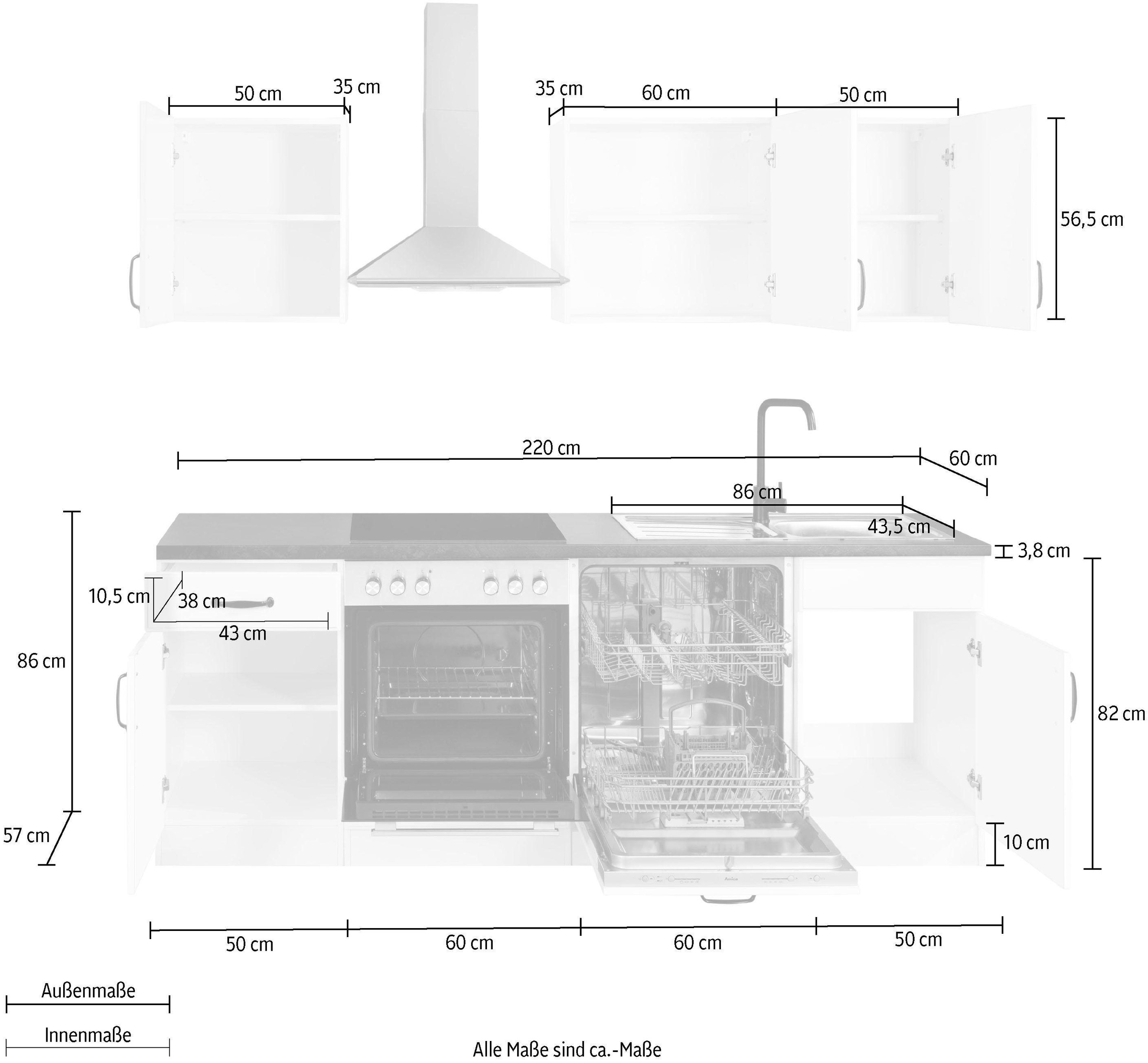 wiho Küchen Küchenzeile »Erla«, ohne E-Geräte, Breite 220 cm