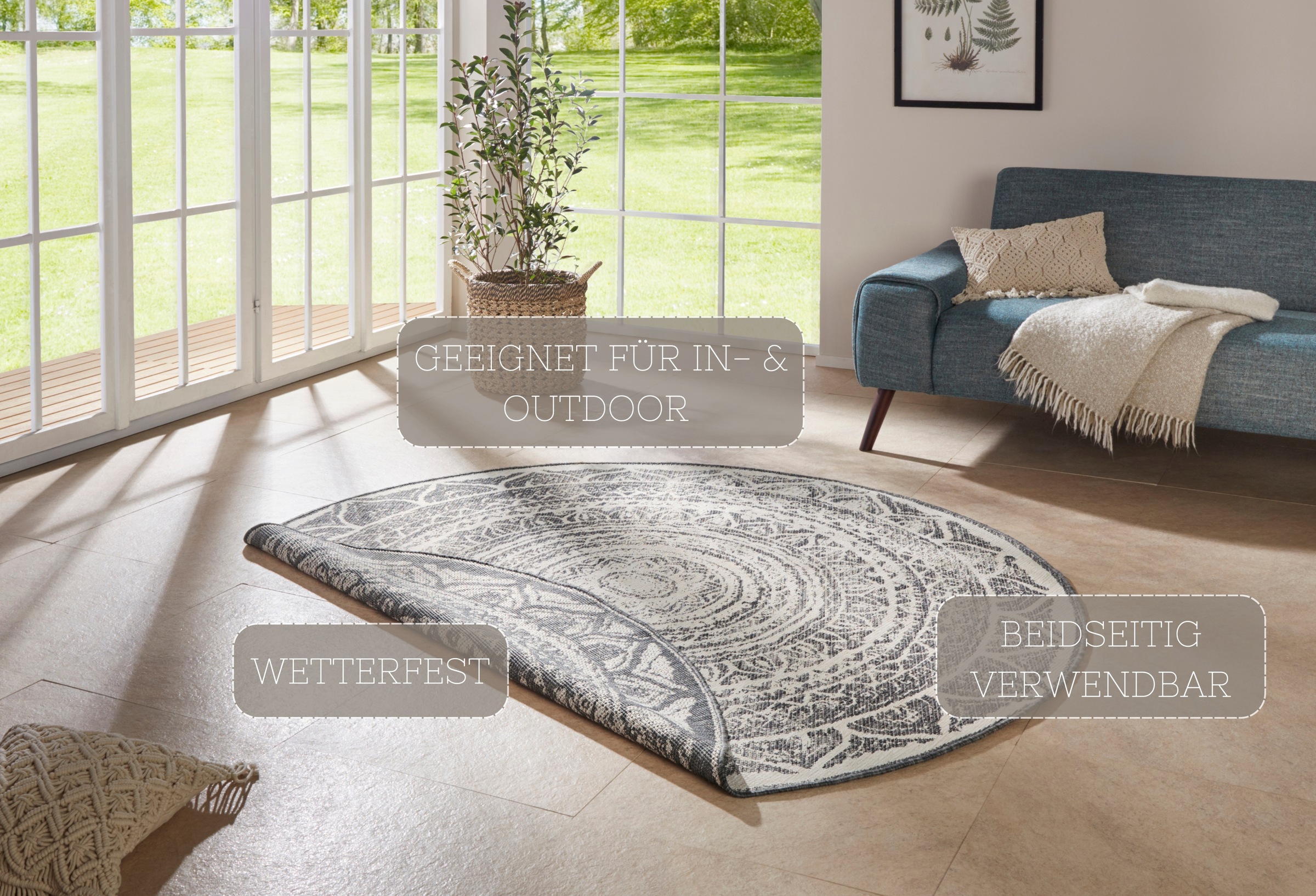 NORTHRUGS Teppich »Siruma Wendeteppich«, rund, 5 mm Höhe, In- & Outdoor, beidseitig, Orientalisch, Teppich, Garten, Flur