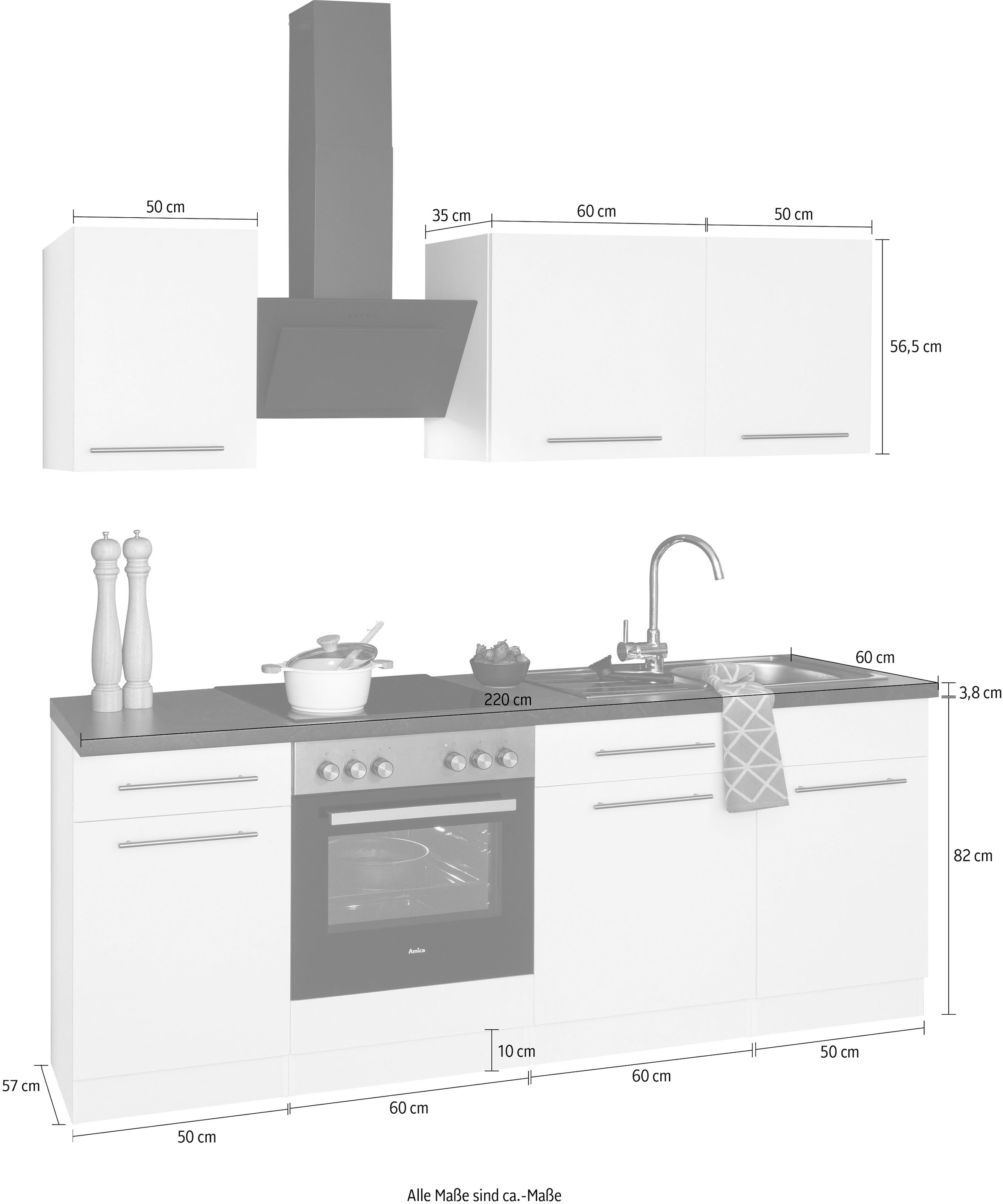 wiho Küchen Küchenzeile »Unna«, mit E-Geräten, Breite 220 cm