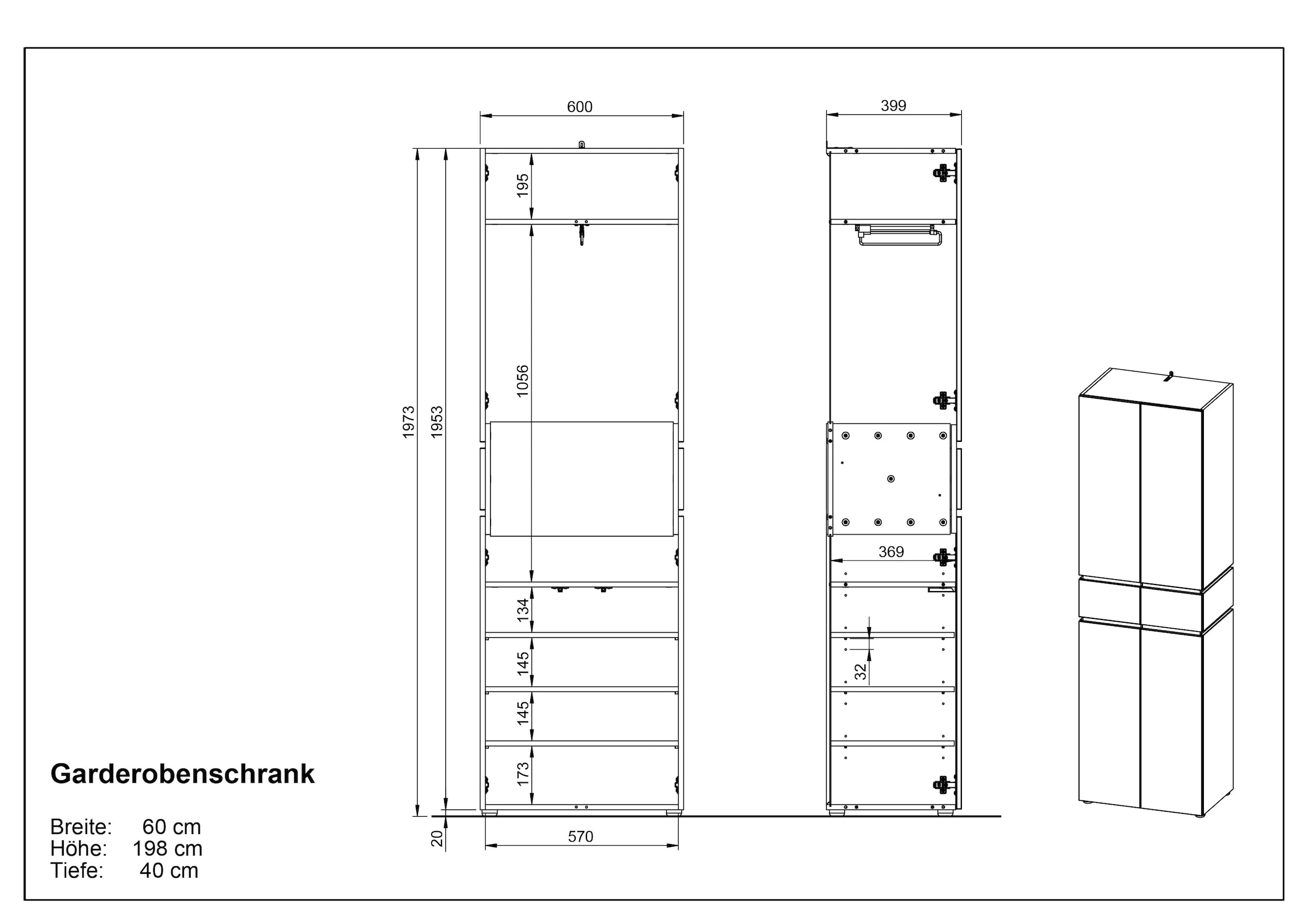 GERMANIA Garderobenschrank »Arluno« 1 Stk. tlg. Breite 60cm, ausziehbare  Kleiderstange, Push-to-open, Made in Germany
