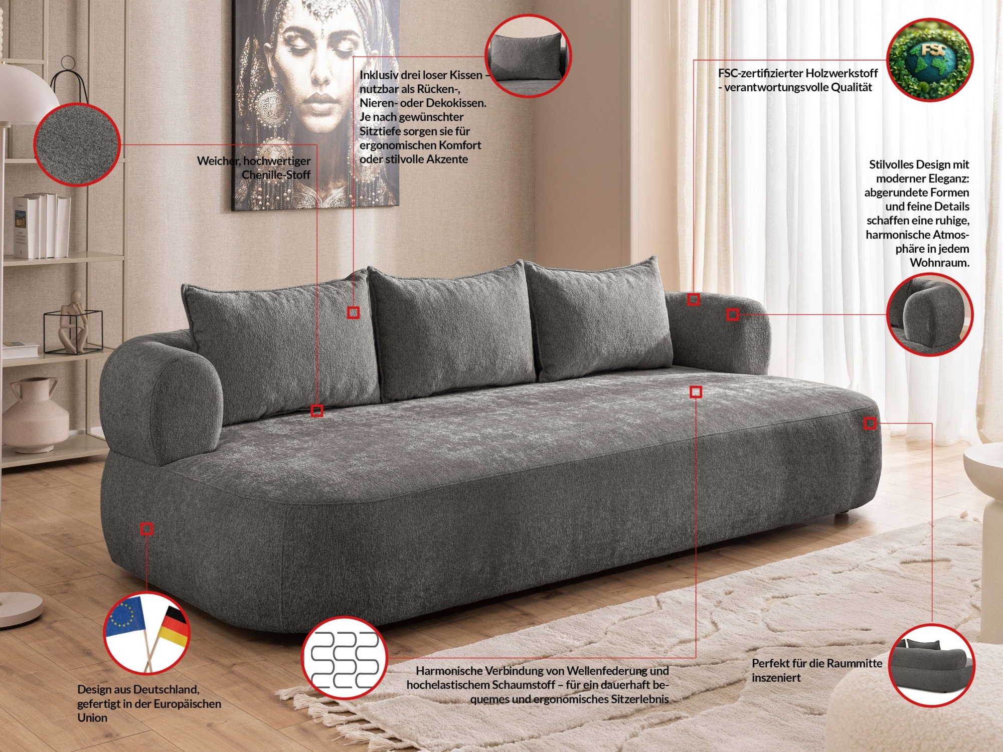 Thumbnail - Home affaire Big-Sofa "LUSSAC 4-Sitzer Design-Sofa mit Zierkissen, Maße B/T/H: 242/123/78 cm" hoher Sitzkomfort und mode...