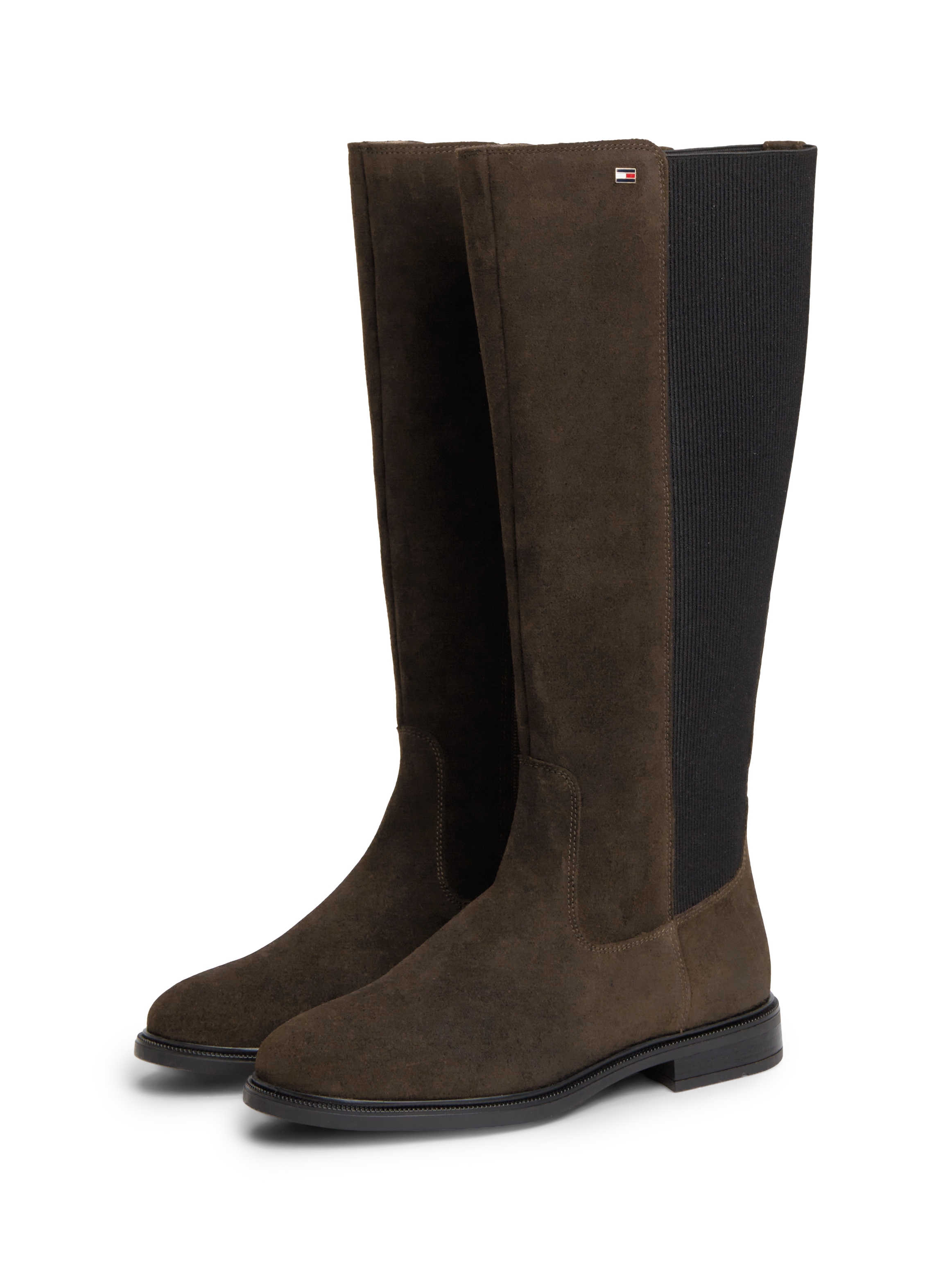 Tommy Hilfiger Stiefel "ENAMEL FLAG SUEDE HIGH CHELSEA" Blockabsatz, Langschaftstiefel mit Label-Flag