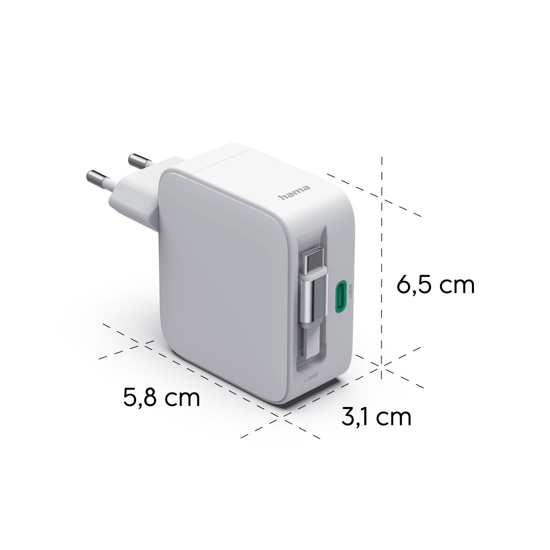 Hama Schnelllade-Gerät »Schnellladegerät mit ausziehbarem Ladekabel, 2x USB-C, 65 W, Weiß« Power Delivery, Fast Charge, GaN-Technologie, USB-C-Kabel integriert