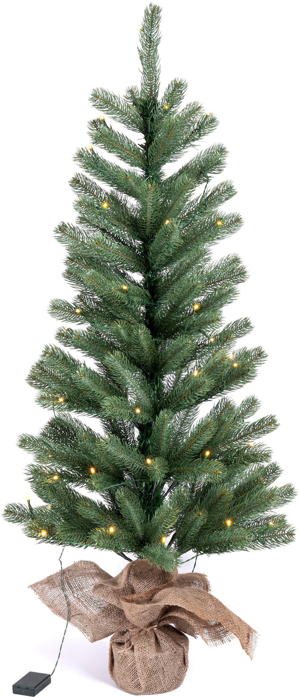 IC Winterworld Künstlicher Weihnachtsbaum »LED-Tannenbaum, künstlicher Christbaum«, Nordmanntanne, Weihnachtsdeko mit Jutebeutel um den Betonfuß, Batteriebetrieb