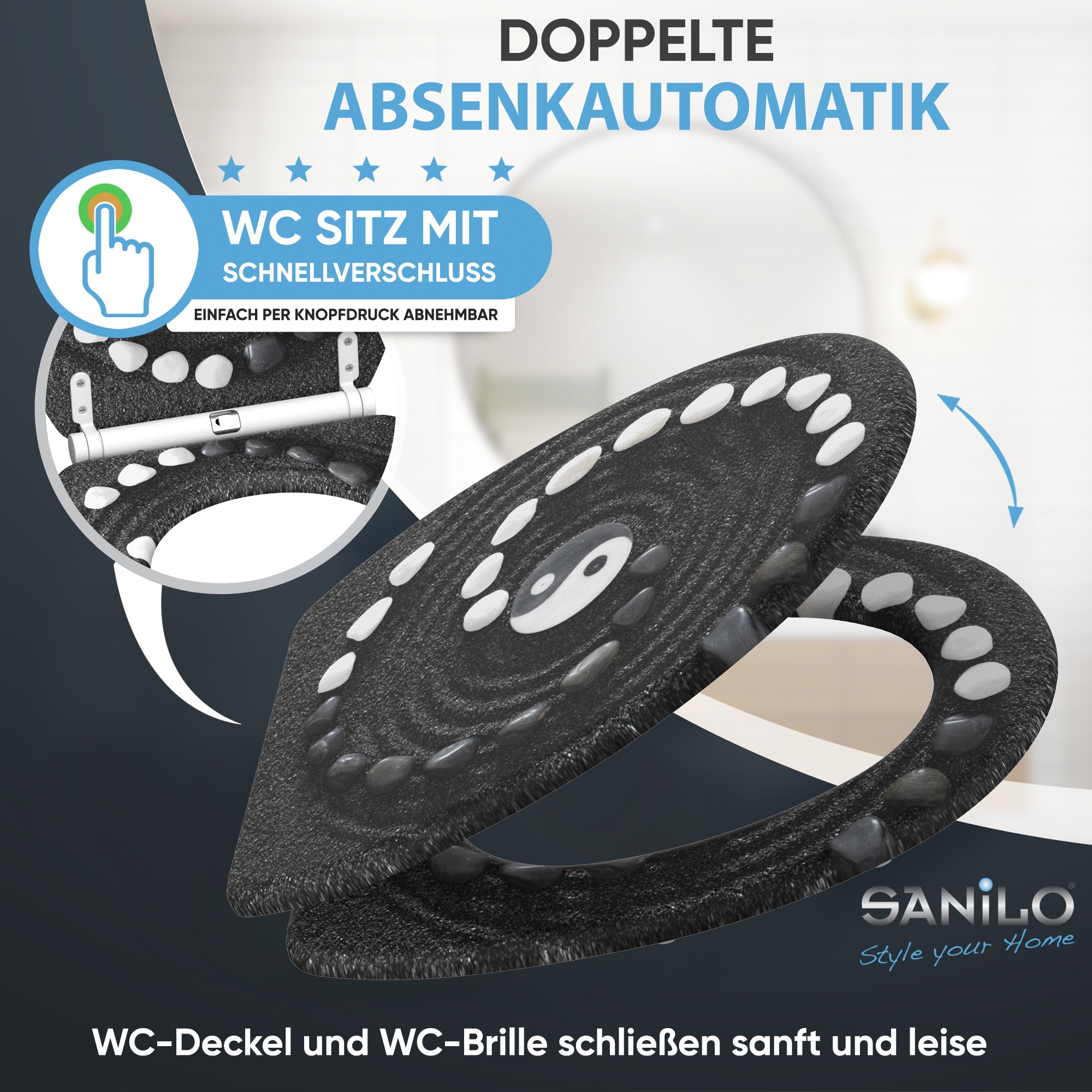 Sanilo WC-Sitz »Yin Yang mit Absenkautomatik & Quick Release« Premium Toilettendeckel, abnehmbar, leichte Montage von oben