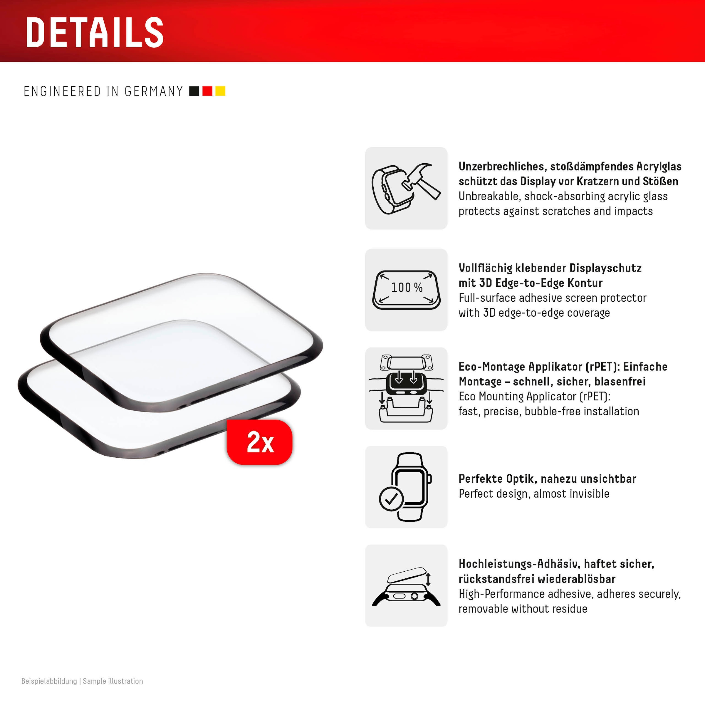 Displex Displayschutzglas »Smartwatch Glass Unbreakable Protector Full Cover« für Apple Watch Series 10 46 mm;Apple Watch Series 11 46 mm Packung, 2x Acrylglas Protector,  Displayschutzfolie, Schutzfolie, Bildschirmschutz, kratz- & stoßfest