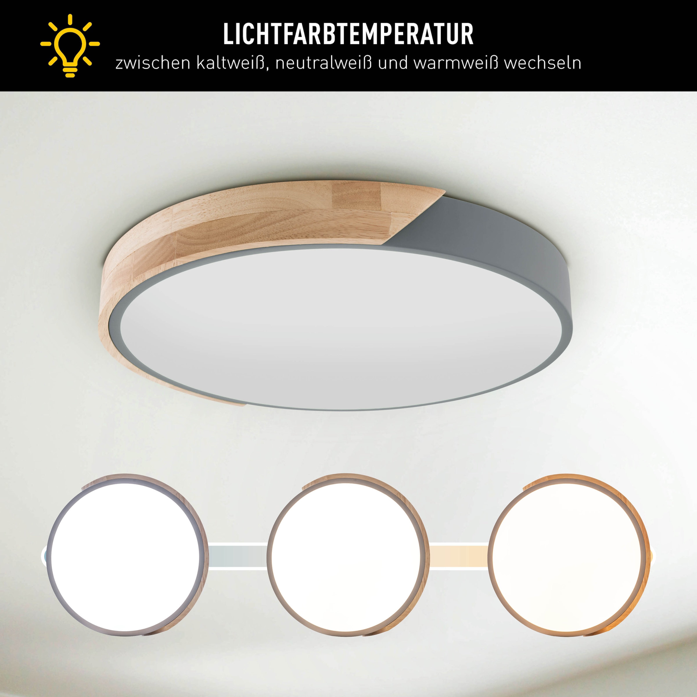 näve LED Deckenleuchte »Borneo«, 1 flammig, Leuchtmittel LED-Modul | Leuchtmittel wechselbar, Dimmbar per Fernbedienung (inkl.), CCT, Memory, Nachtlicht, Holzrand