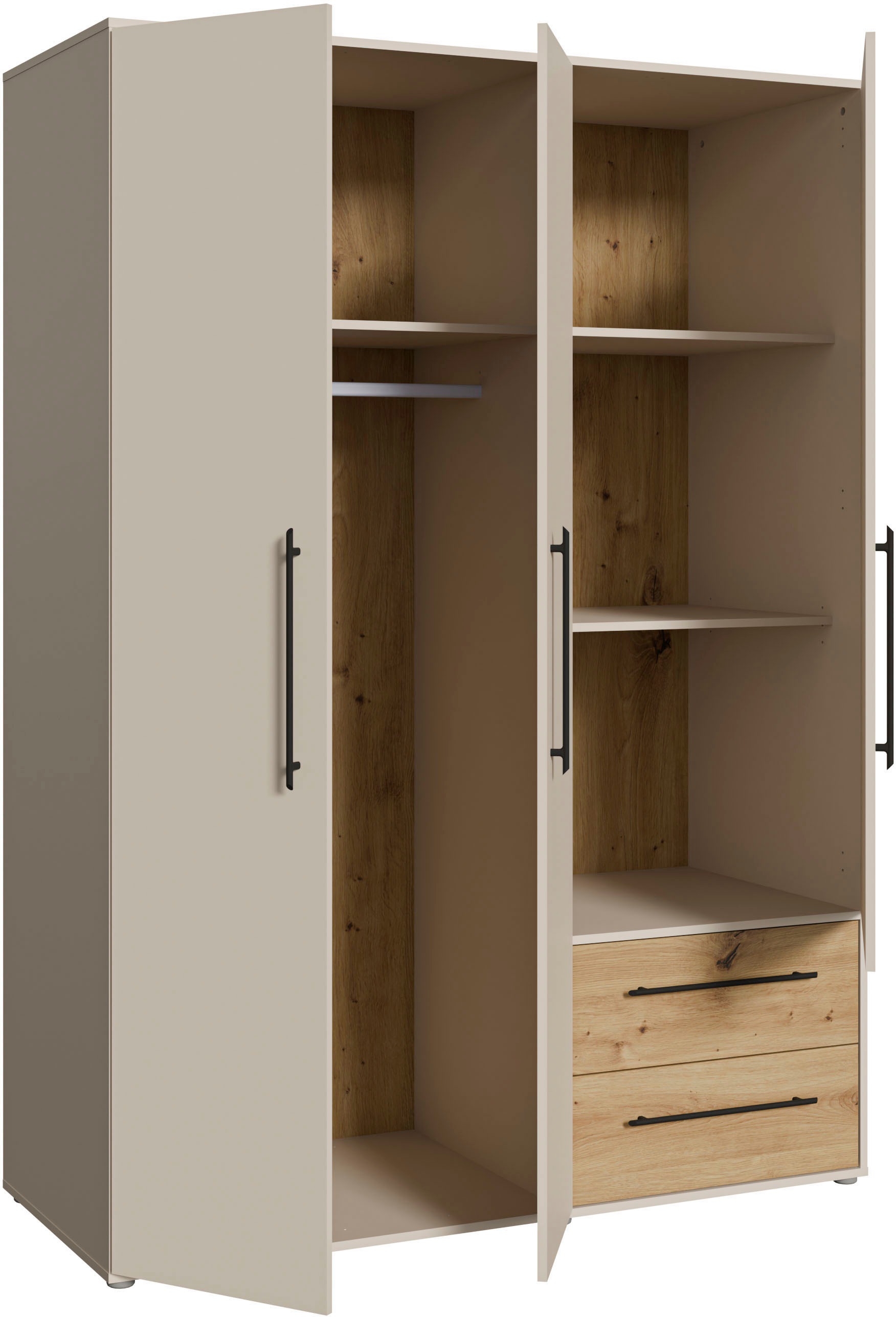 FORTE Drehtürenschrank »Mokkaris, OTTOs Choice, TOPSELLER! 3 Türen, zeitloses Design«, (BHT ca. 145x200x59cm), Schubladen + schwarze Stangengriffe, Made in Europe, viel Stauraum