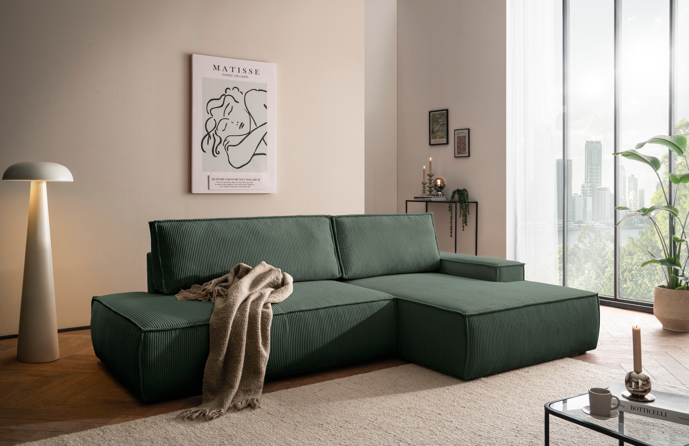 Home affaire Ecksofa »SHERWOOD, Schlafsofa in L-Form offen (275cm), Cord, Leinenoptik«, Schlaffunktion und Bettkasten, Kedernaht, hoher Sitz- & Liegekomfort