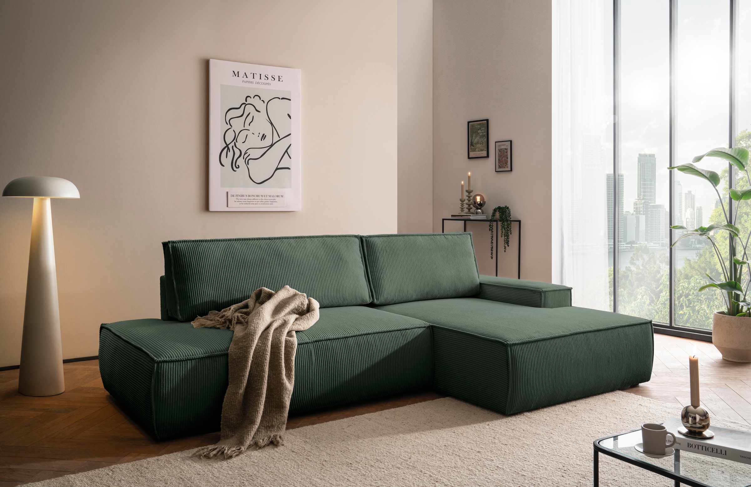 OTTO home Ecksofa "SHERWOOD Cord Schlafsofa in L-Form offen (275cm)" Schlaffunktion und Bettkasten, Kedernaht, hoher Sitz- & Liegekomfort