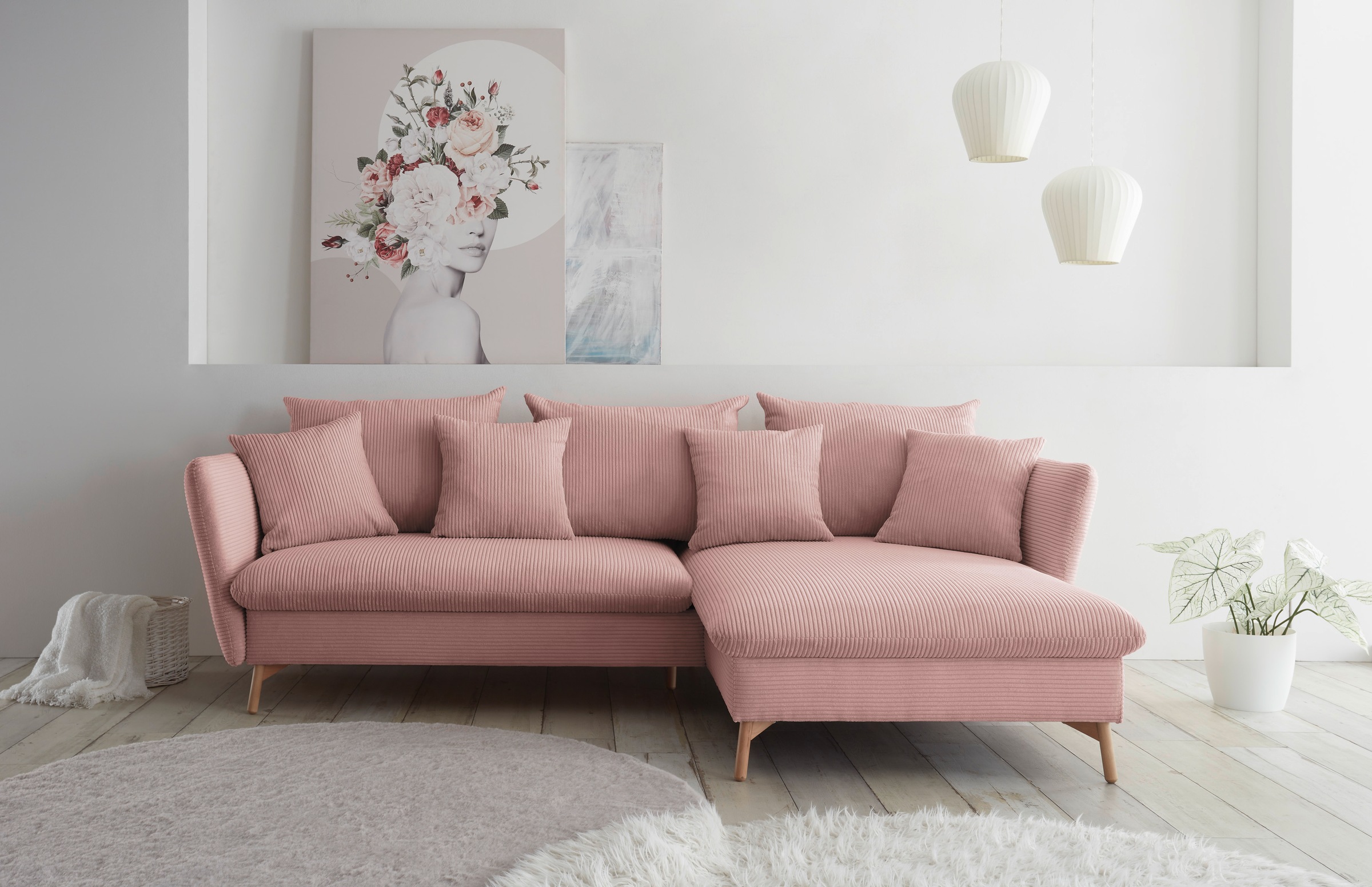 andas Ecksofa »MERLE, 258 cm, L-Form, traumhafter Cord,«, mit Bettfunktion und Bettkasten, Liegefläche 224 x 139
