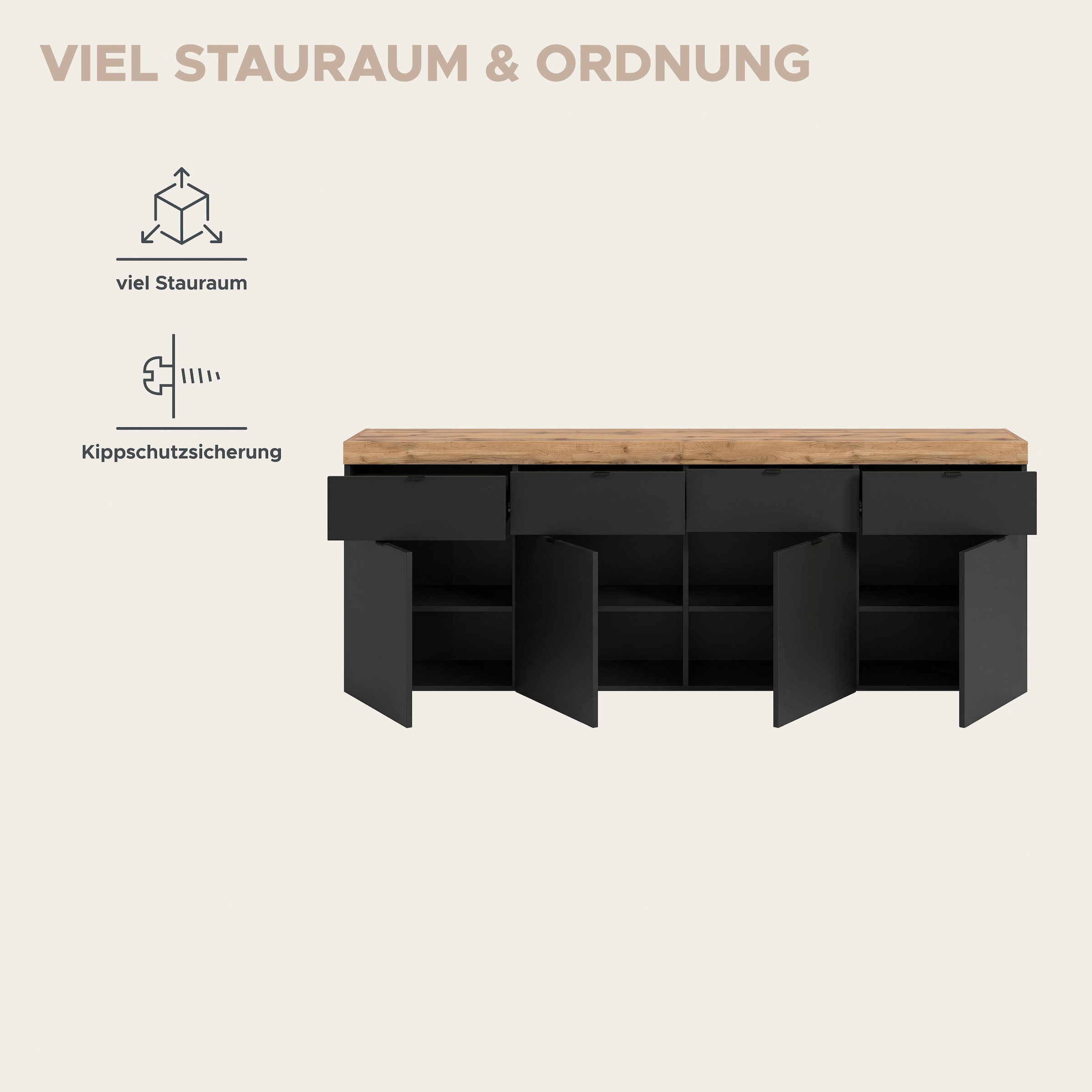 OTTO home Sideboard »MAMBO II, Breite 200cm, 4 Türen, 4 Schubkästen, 8 Fächer« 1 Stk. tlg. Kommode, Anrichte, Wohnzimmer, Schlafzimmer