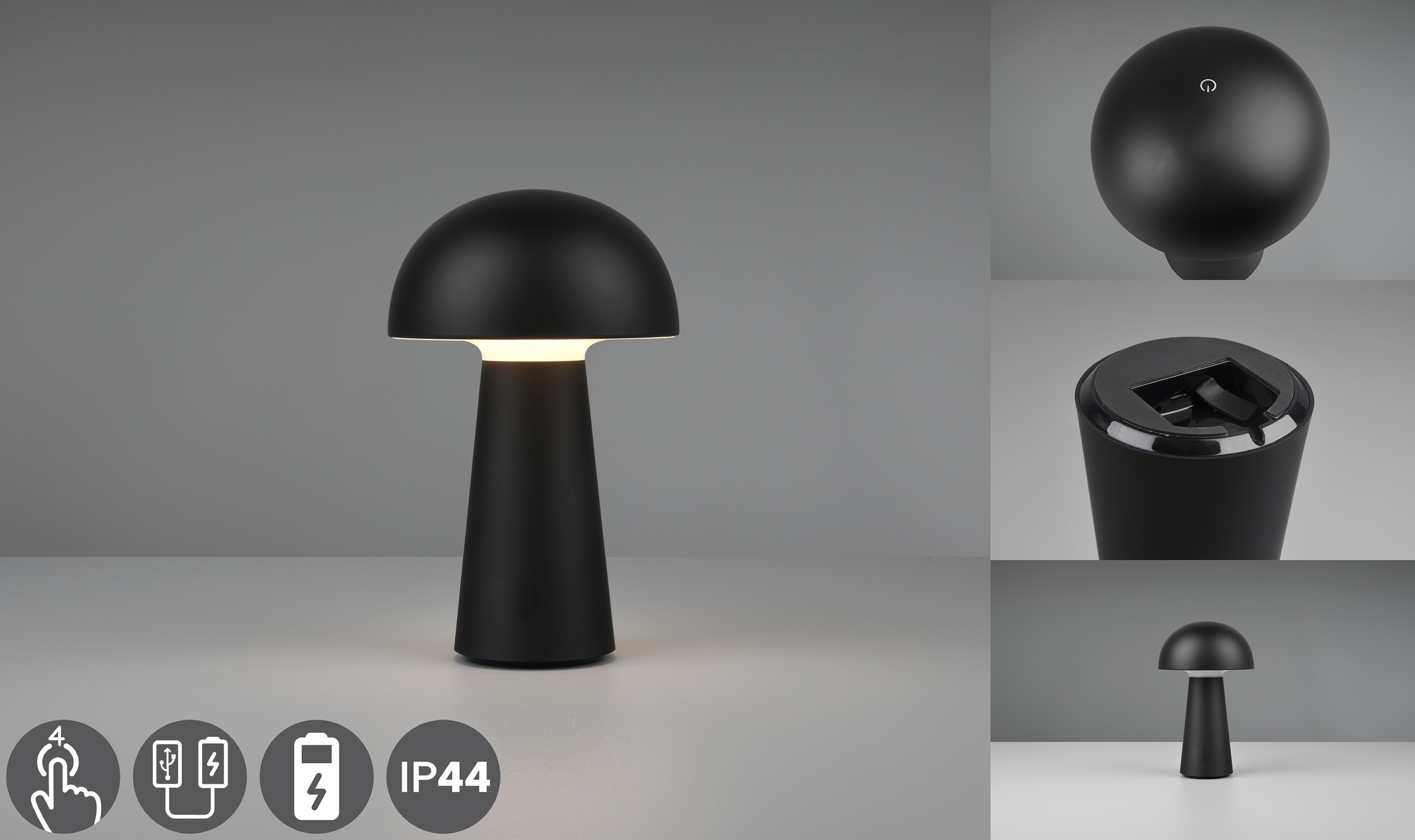 REALITY LEUCHTEN LED Außen-Tischleuchte "Lennon", schwarz, 1, Ø 13,6cm H: 21,5cm, 2 Stk., Leuchten, 2er Set LED Tischlampe,4-fach Touchdimmer, Ladefunktion per USB-C,IP44, Außentischleuchte LED Außentischleuchte 3
