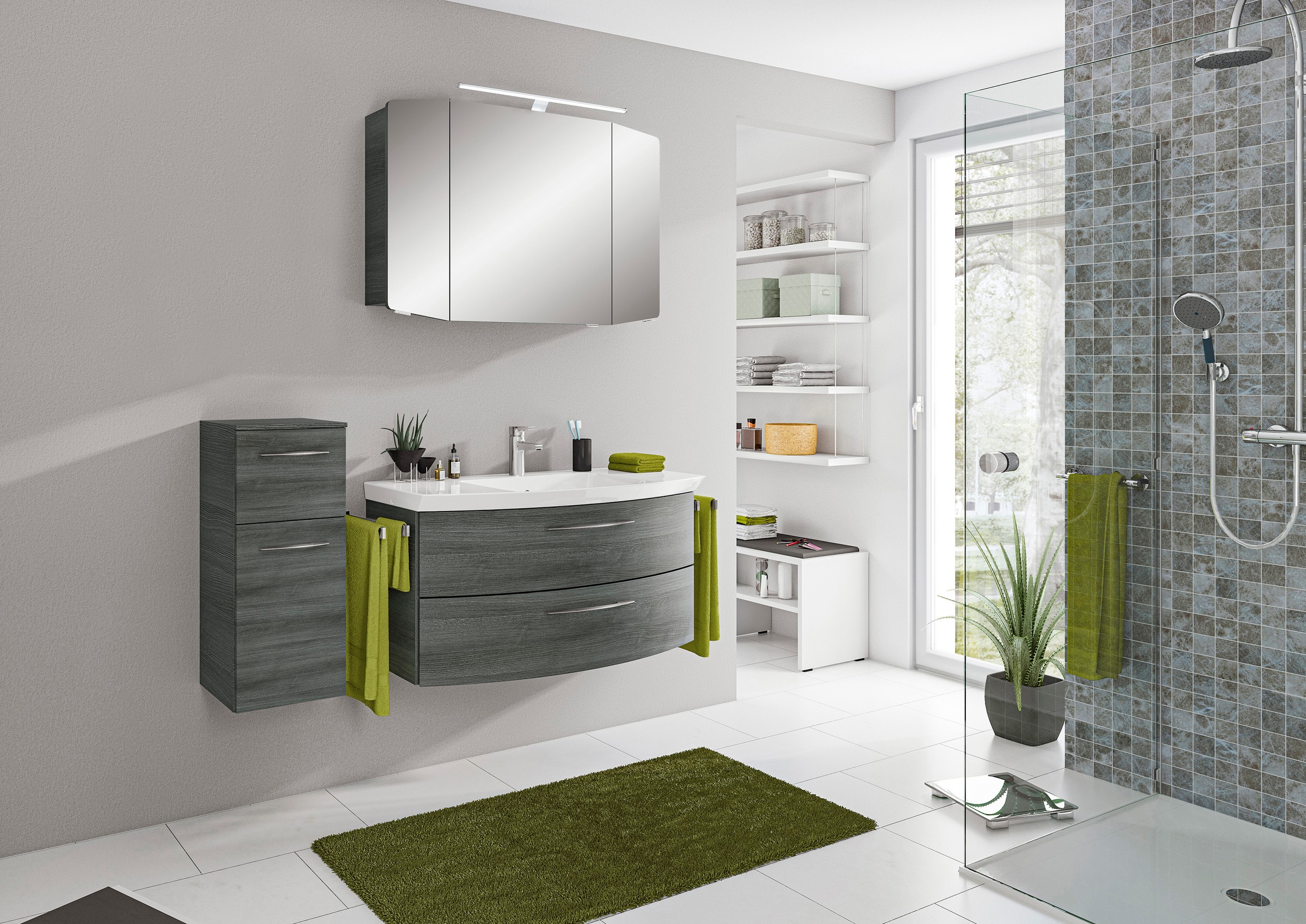 Saphir Badmöbel-Set »Cassca Sprint 3-teilig Mineralmarmor-Waschtisch mit LED-Spiegelschrank«, (4 St.), mit Unterschrank, 4 Türen, 3 Schubladen, inkl. Türdämpfer