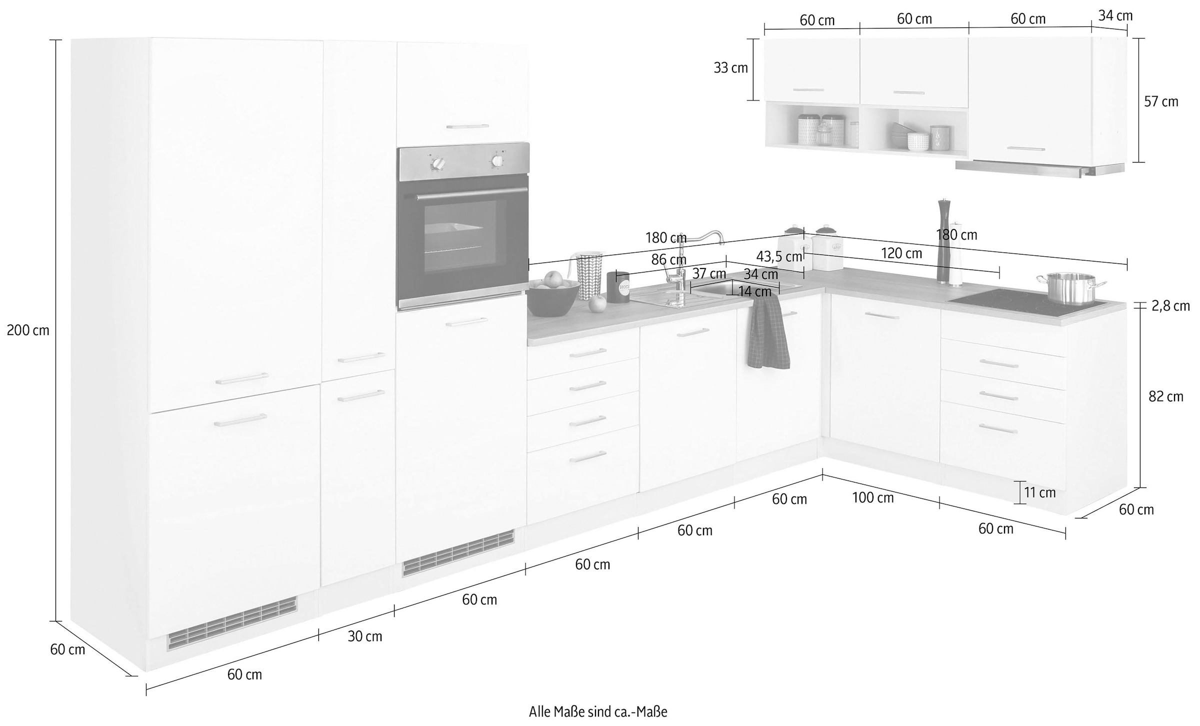 KOCHSTATION Winkelküche »KS-Visby«, mit E-Geräte, 390x180 cm, inkl. Kühl/Gefrierkombi und Geschirrspüler