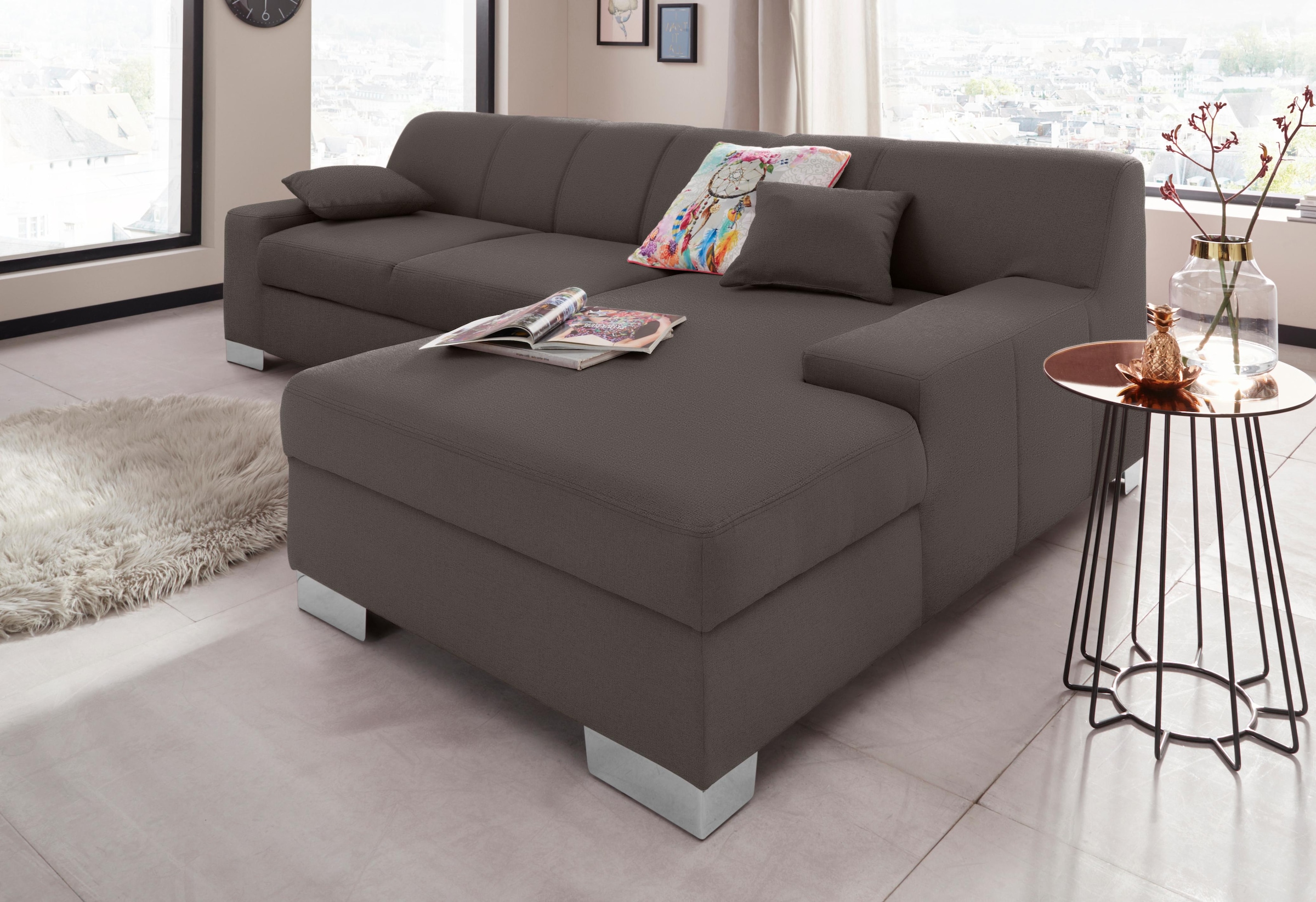 DOMO collection Ecksofa "Bero, elegant und zeitlos, flache Armlehnen, Breite 268cm L-Form" fester Sitzkomfort, wahlweise mit Bettfunktion