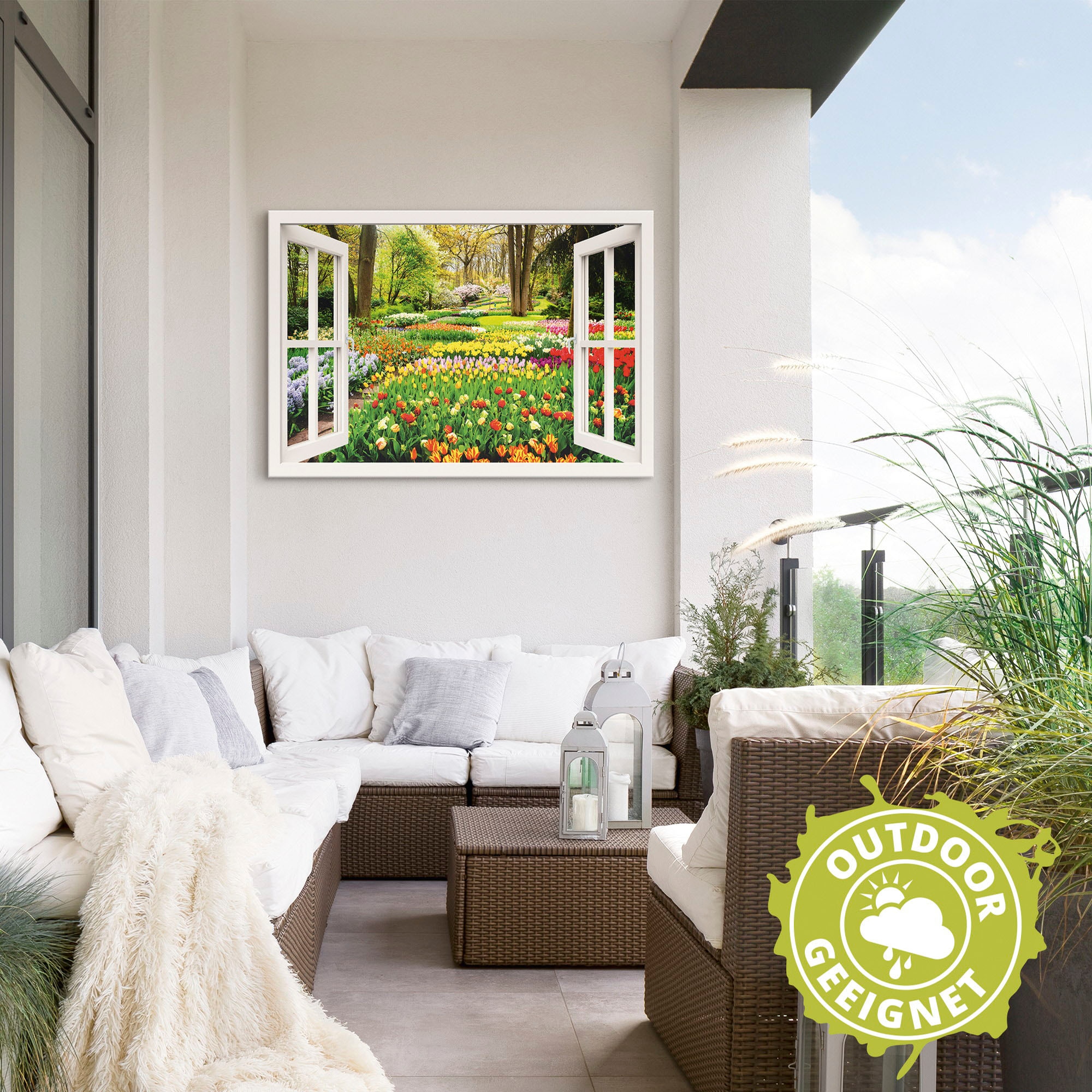Artland Wandbild »Fensterblick Tulpen Garten Frühling«, Fensterblick, (1 St.), als Alubild, Outdoorbild, Leinwandbild, Poster, Wandaufkleber