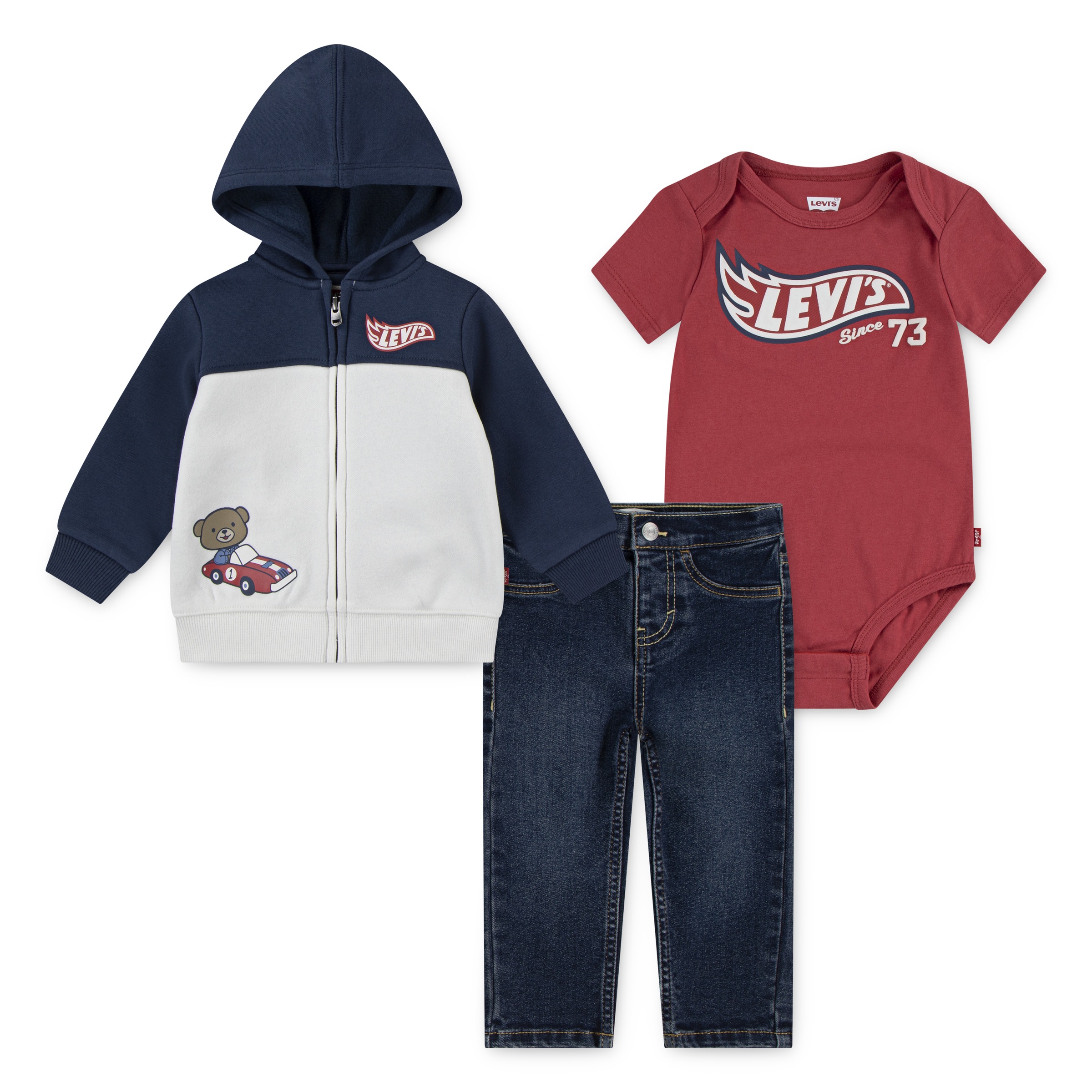 LEVI'S KIDS Mädchen Shirt, Hose & Jäckchen "Bestehend aus Body, Jeans und Kapuzen-Sweatjacke"big dipper, Gr. 3M, bedruckt, Jersey, Obermaterial: 60%