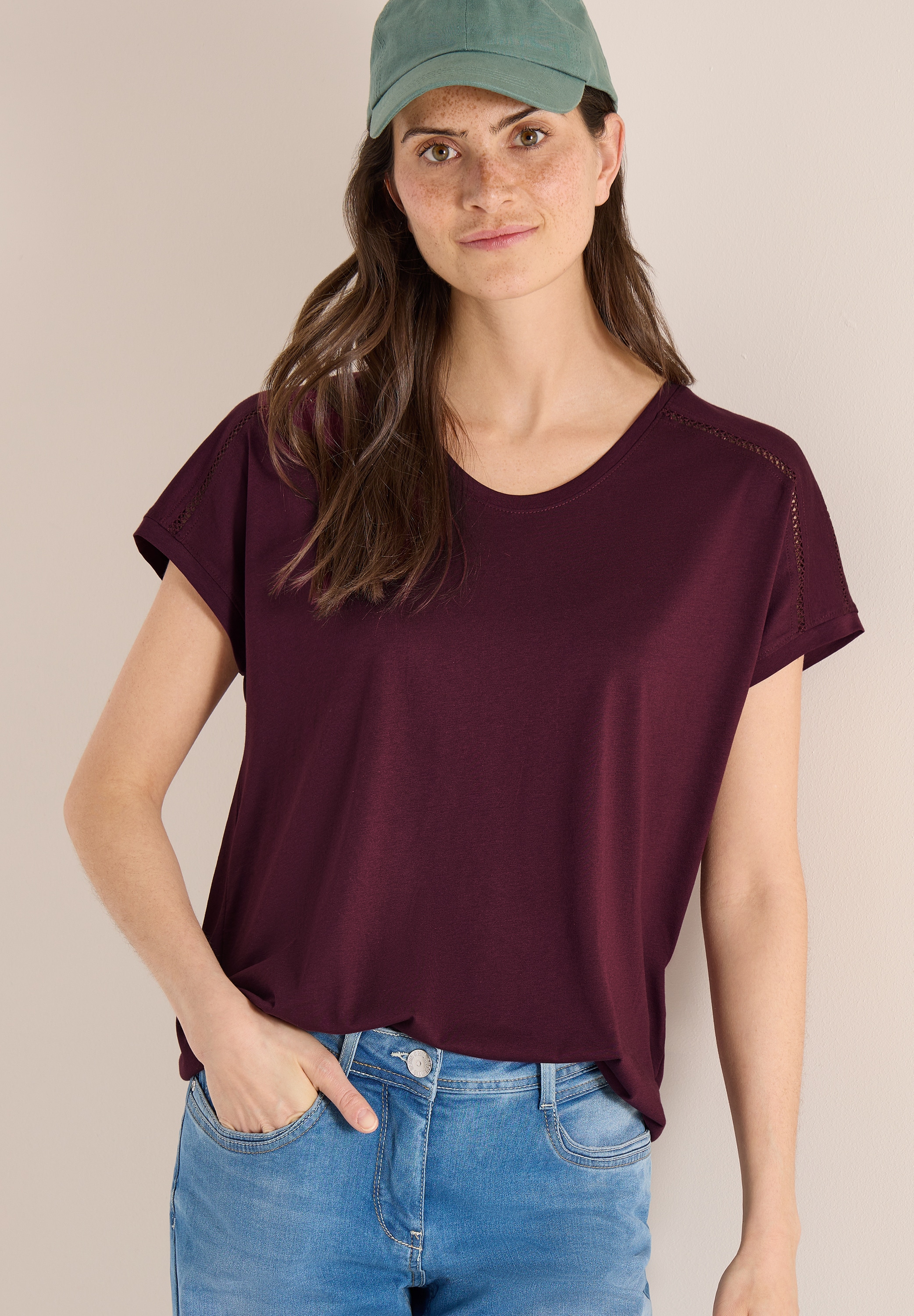 T-Shirt CECIL, Damen, Gr. S (38), sweet grape rot, Jersey, Obermaterial: 50% Baumwolle, 50% Modal, unifarben, regular fit normal, Rundhals, Shirts T-Shirt, mit elastischem Bund