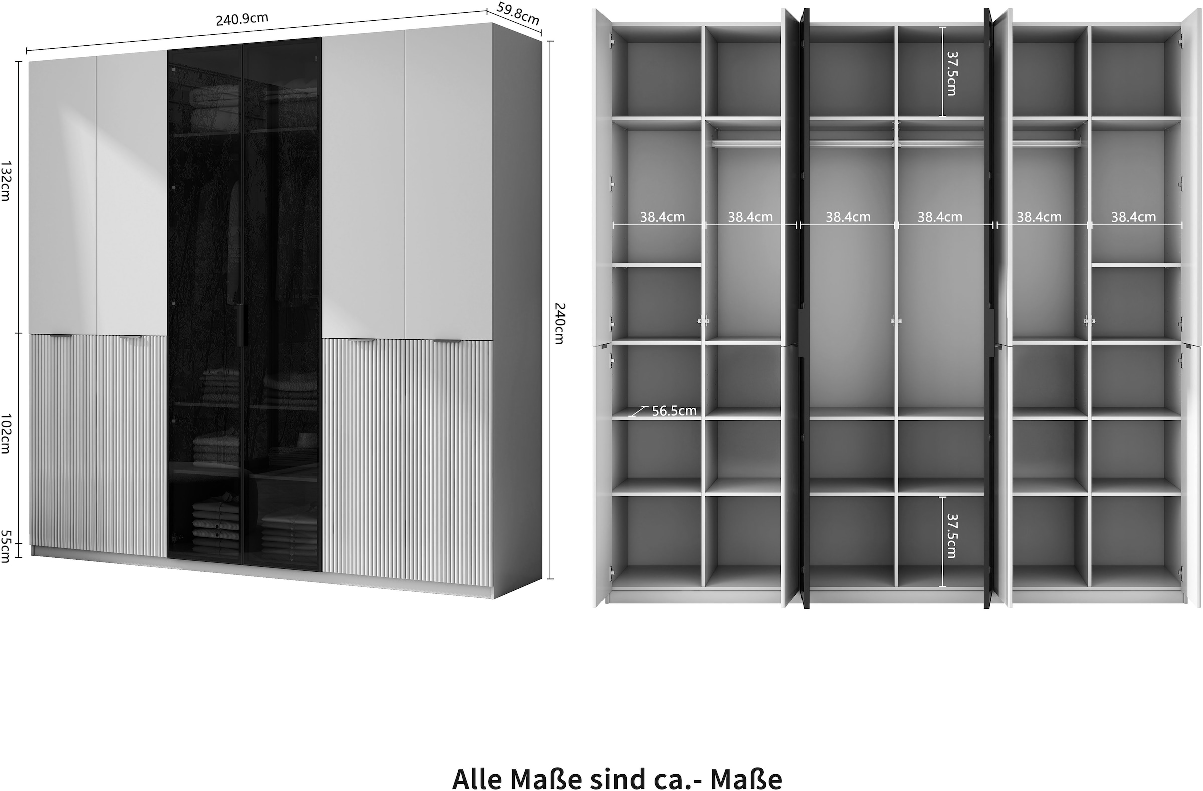 OTTO home Kleiderschrank »Jorella Schlafzimmerschrank Garderobe mit Softclose Türen Glastüren« eleganter Schlafzimmerschrank Rillendesign Trend Breite 241cm Grauglas