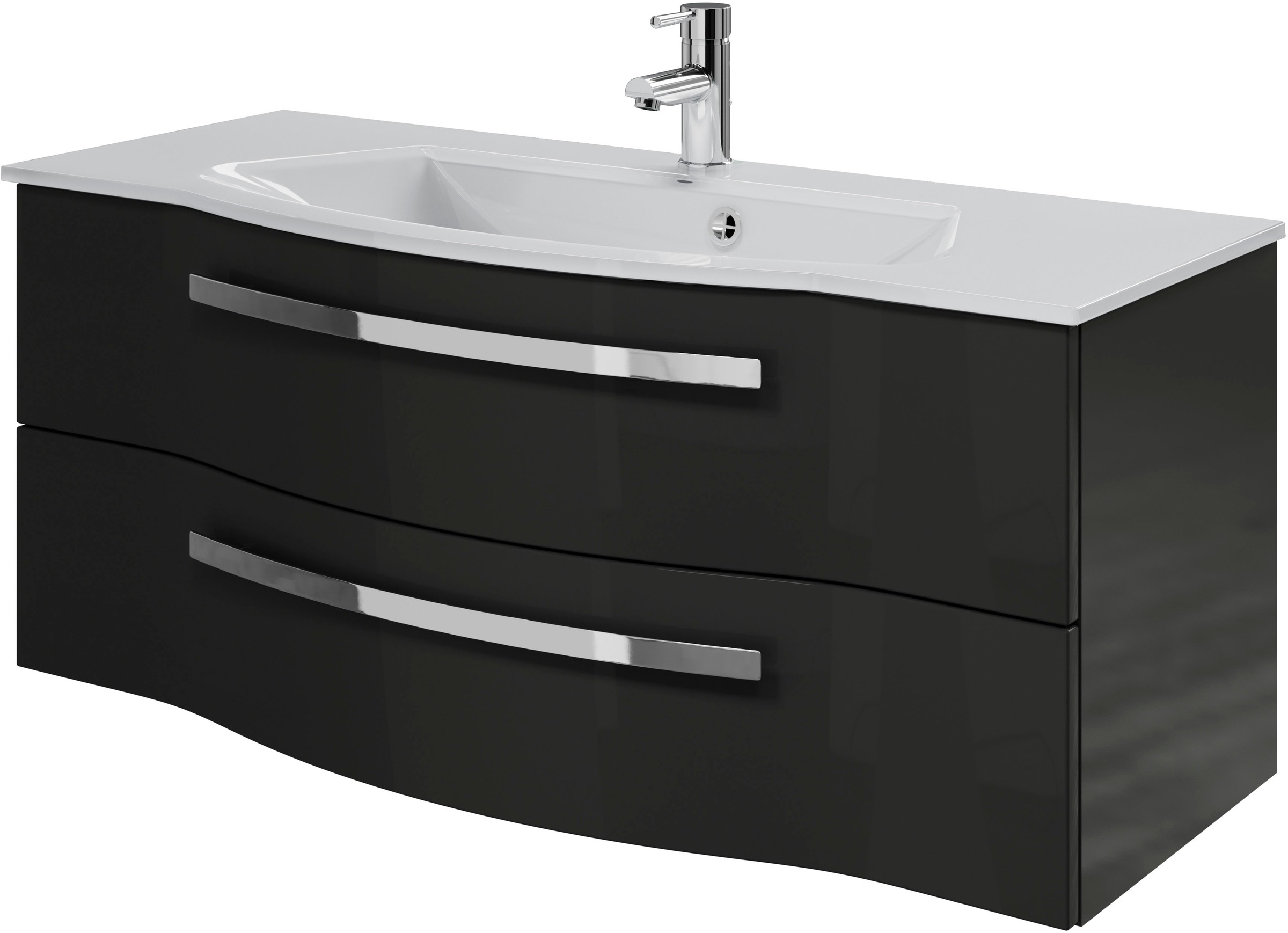 Saphir Badmöbel-Set »Serie 4005, vormontiert, Glaswaschbecken, Spiegelschrank«, (Set, 5 St.), Badezimmer Set 92 cm breit, inkl. Türdämpfer, 3 Türen, 2 Schubladen