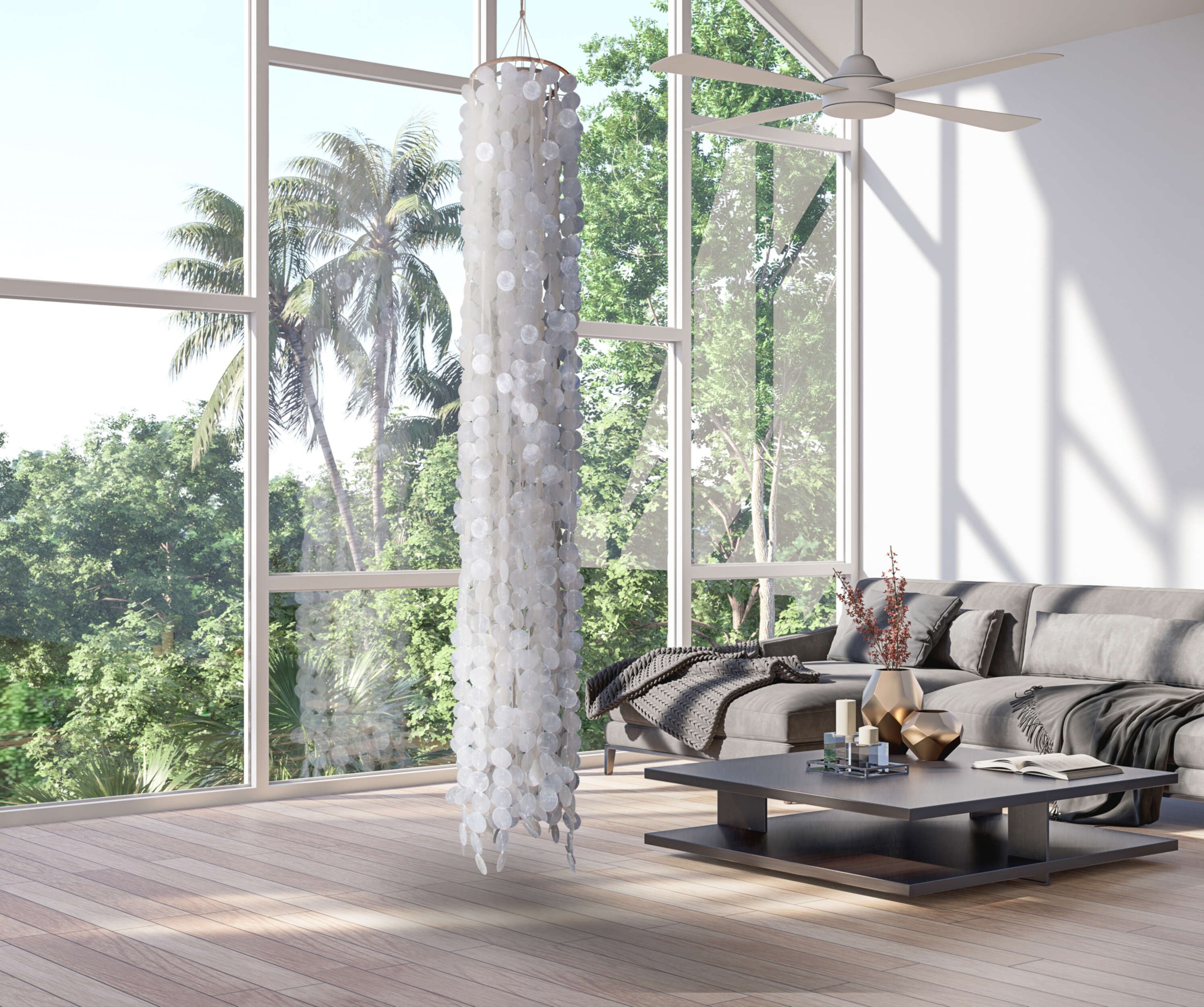 näve Pendelleuchte »Capiz« E27 1 Stk. aus dünnen weißen Muschelplättchen, Holzaufhängung, 3x E27 exkl.