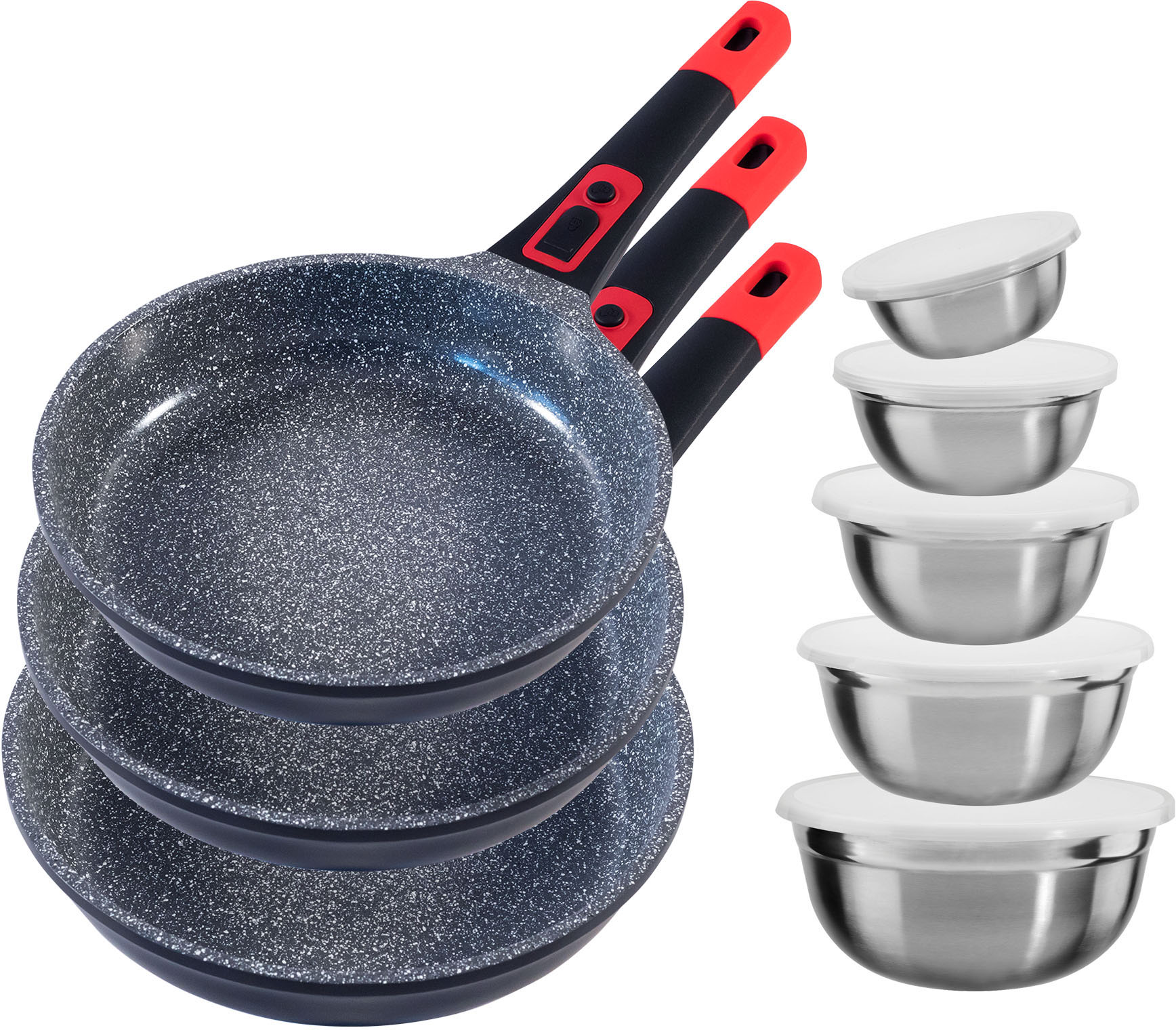 KING Pfannen-Set "Click-Grip" Aluminiumguss Set, 3 Pfannen, 5 Schüsseln inkl. Deckel, 13 Stk. tlg. abnehmbarer Griff, Induktion,Keramikbeschichtung"Fusion TI"