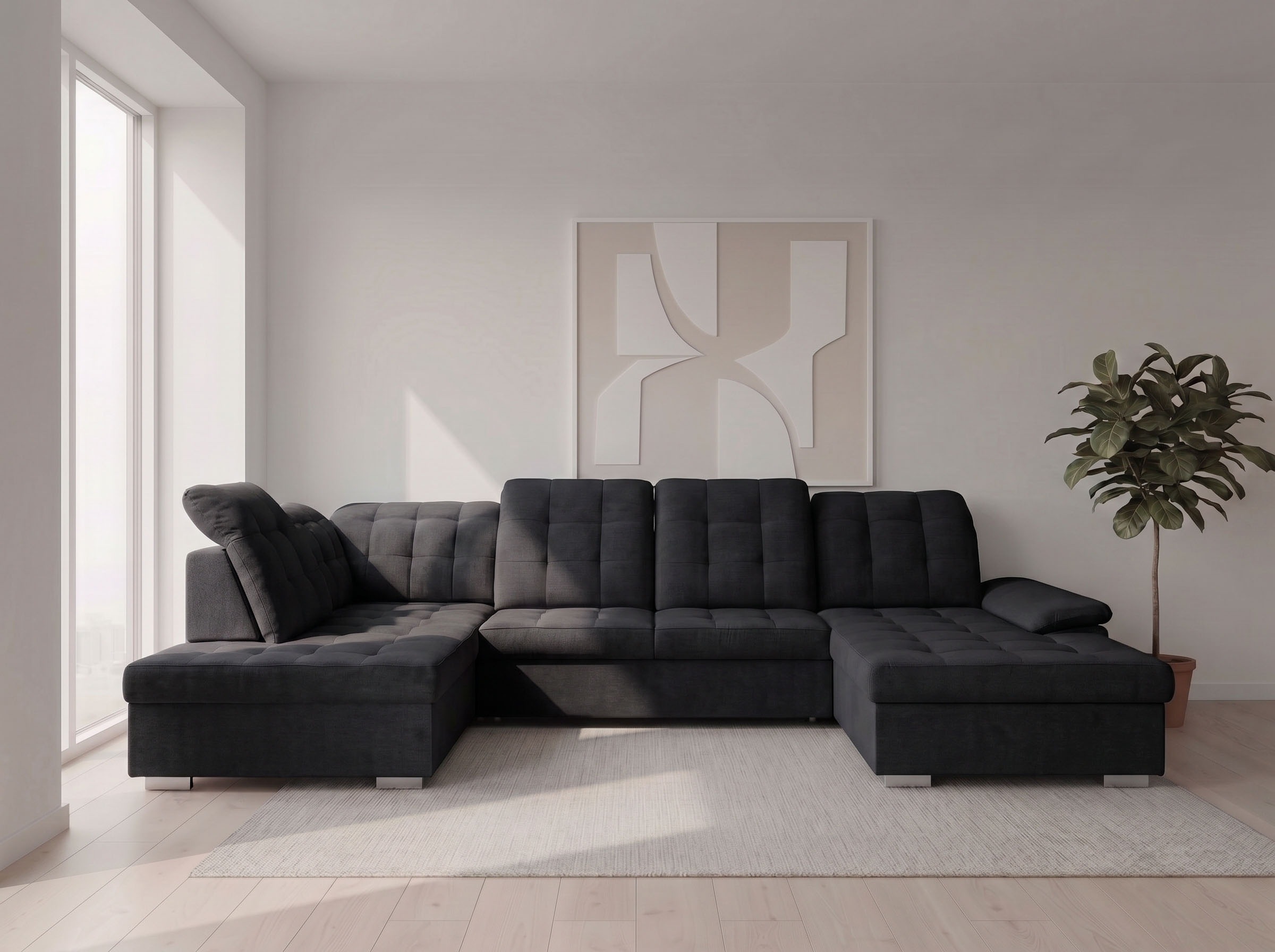 WERK2 Wohnlandschaft "Kordula-New 332 x 217 cm Multifunktion Couch modern und bequem" Struktur weich, U-Form, XXL, Sitztiefenverstellung, Schlaffunktion