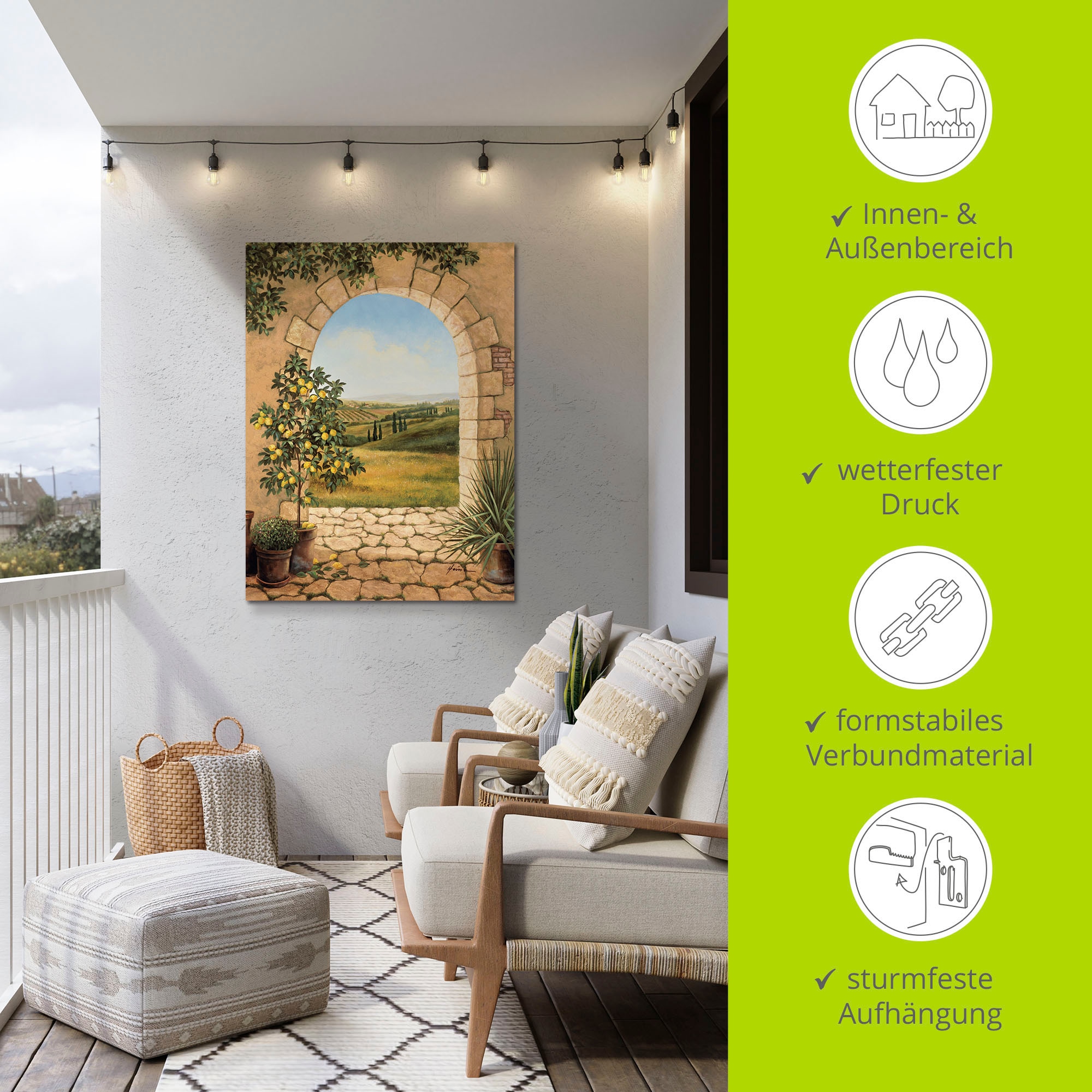 Artland Wandbild »Zitronenbaum vorm Torbogen«, Fensterblick, (1 St.), als Alubild, Outdoorbild, Leinwandbild, Poster, Wandaufkleber