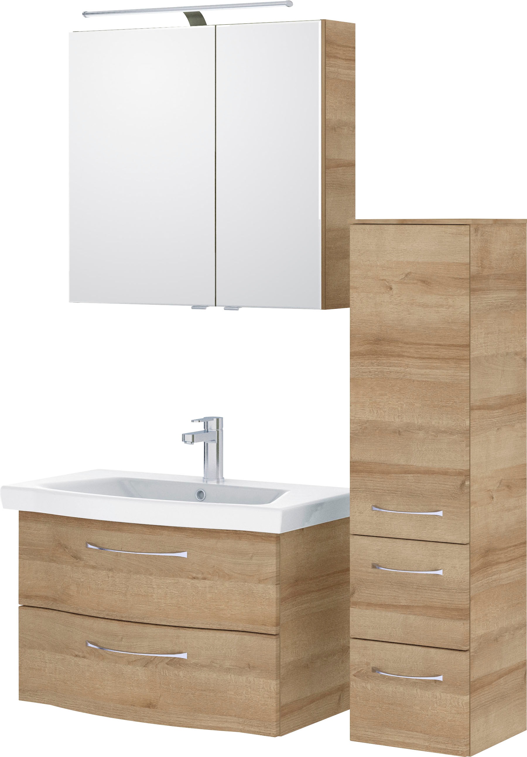 Saphir Badmöbel-Set »6005 Sprint 3-teilig, Keramik-Waschtisch mit LED-Spiegelschrank«, (4 St.), Midischrank, inkl. Türdämpfer, 3 Türen, 4 Schubladen, Bad-Set