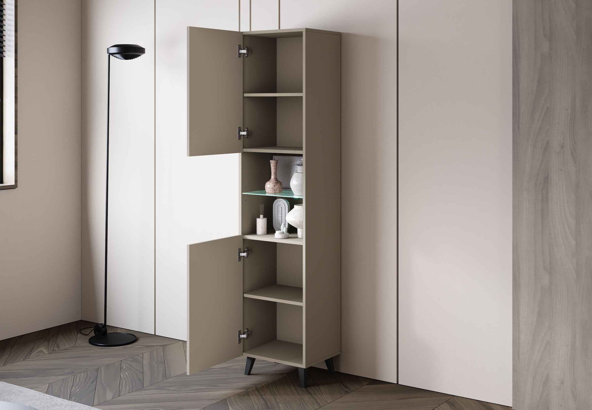 Home affaire Vitrine »Phuket, Moderner Wohnschrank mit LED-Beleuchtung und Glasboden« 1 Stk. tlg. Verstellbare Einlegeböden für flexible Aufbewahrung