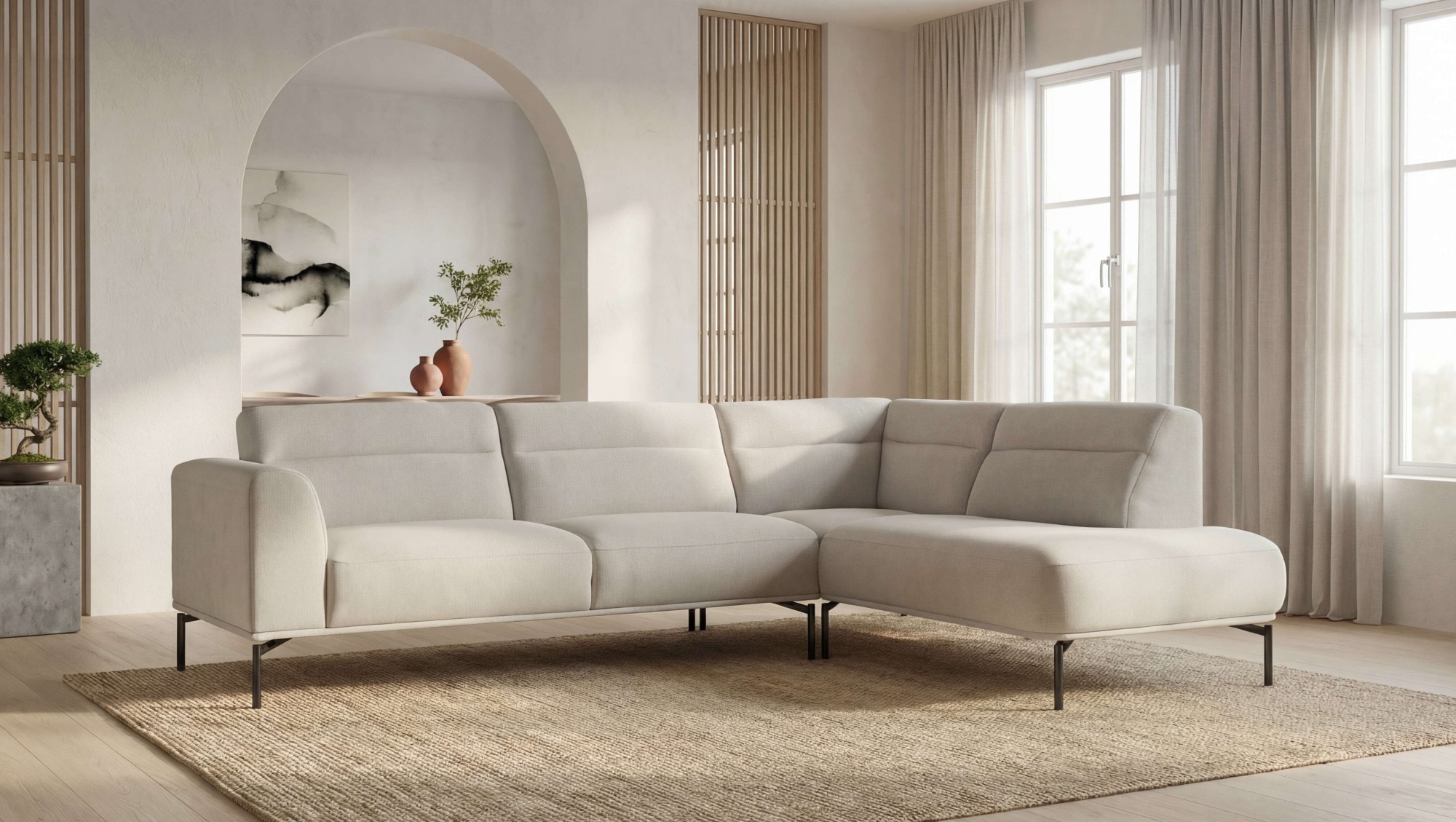 OTTO home Ecksofa "Nennor, weiches Chenille" Breite 278 cm, Wellenunterfederung, schwarze Metallfüße
