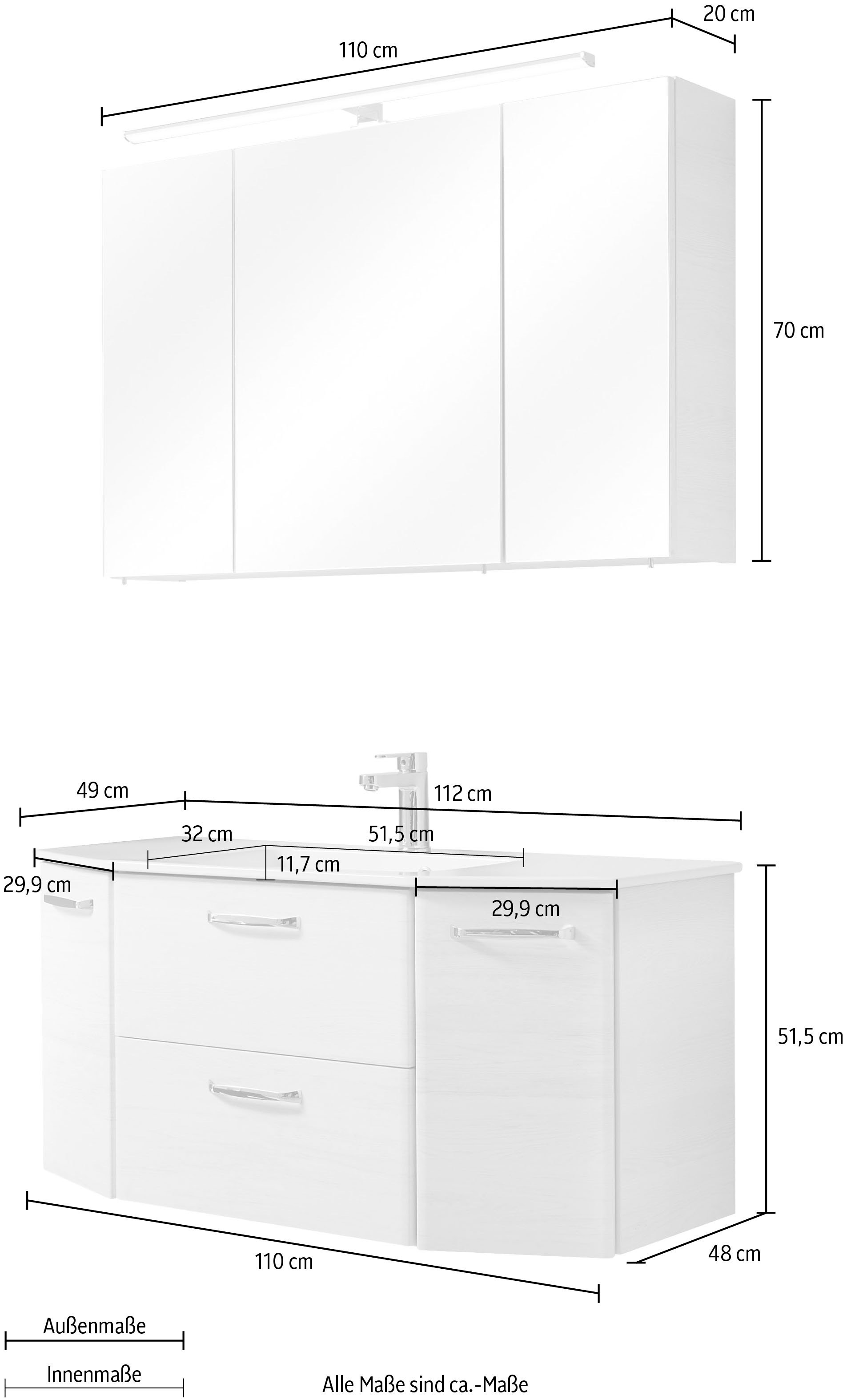 Saphir Badmöbel-Set »Quickset 2-teilig, Keramik-Waschtisch mit LED-Spiegelschrank, 5 Türen«, (Set, 2 St.), Unterschrank mit Waschbecken, inkl. Türdämpfer, Griffe Chrom Glanz