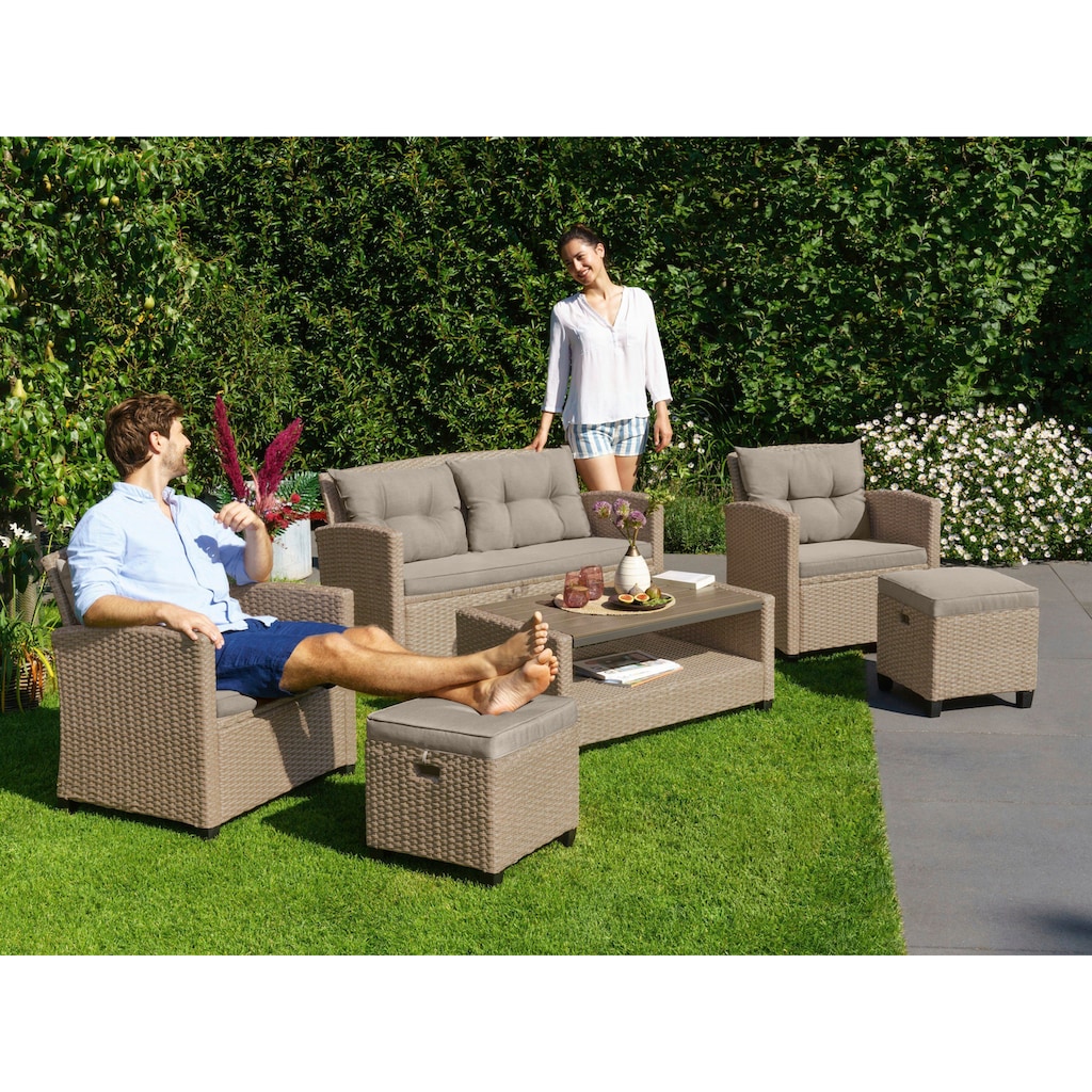 KONIFERA Gartenlounge-Set »Lorca«, (Set, 16 tlg., 2x Sessel, 1x2er Sofa, 1x Tisch 90x55x42,5cm, inkl. Auflagen, Stahl), Polyrattan, Ablagefläche unter dem Tisch, Tischplatte aus Nonwood