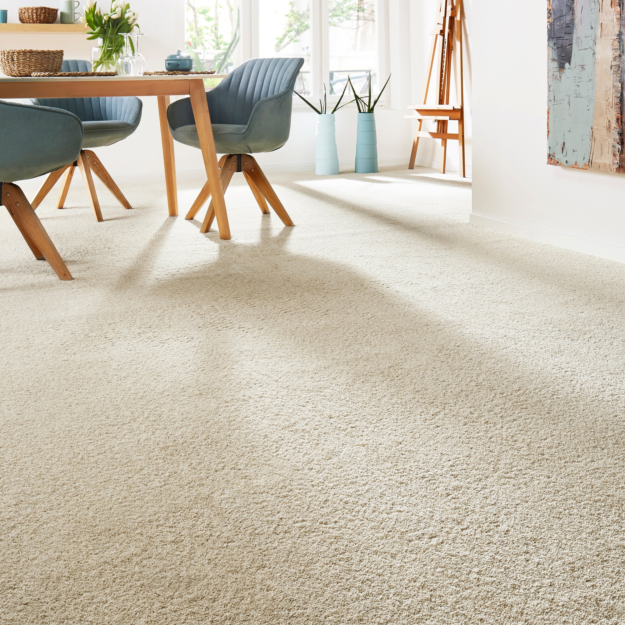 Teppichboden ANDIAMO "Verona, Velours, Gesamthöhe 6 mm, Made in Belgium", beige (hellbeige), B:400cm L:350cm, Kunstfaser, Teppiche, Uni Farben, Breite 400 cm oder 500 cm, strapazierfähig, pflegeleicht