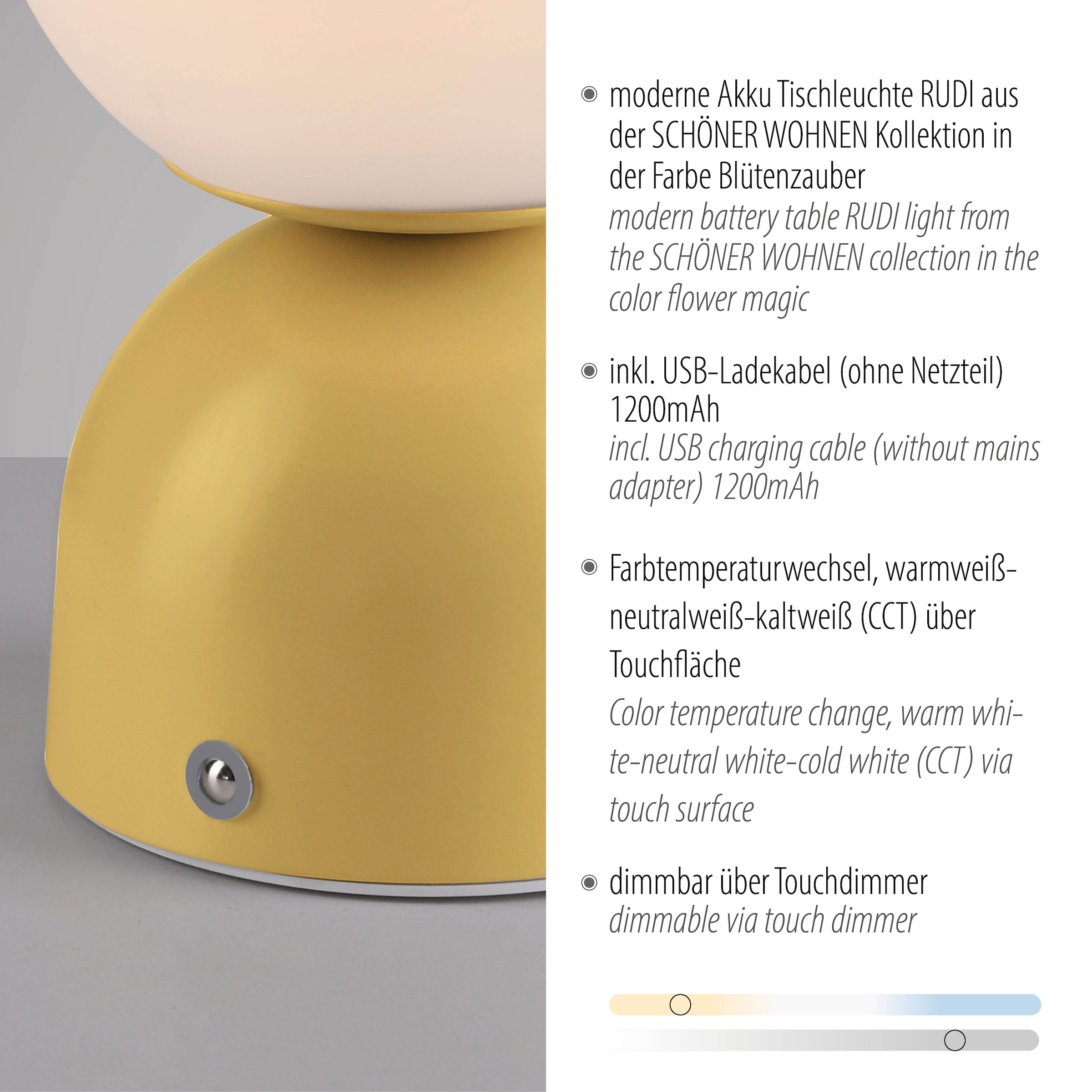 SCHÖNER WOHNEN-Kollektion LED Tischleuchte »RUDI« LED-Board 1 Stk. warmweiß - kaltweiß SCHÖNER WOHNEN Kollektion, CCT 3000-6000K, Touchdimmer, Memoryfunktion
