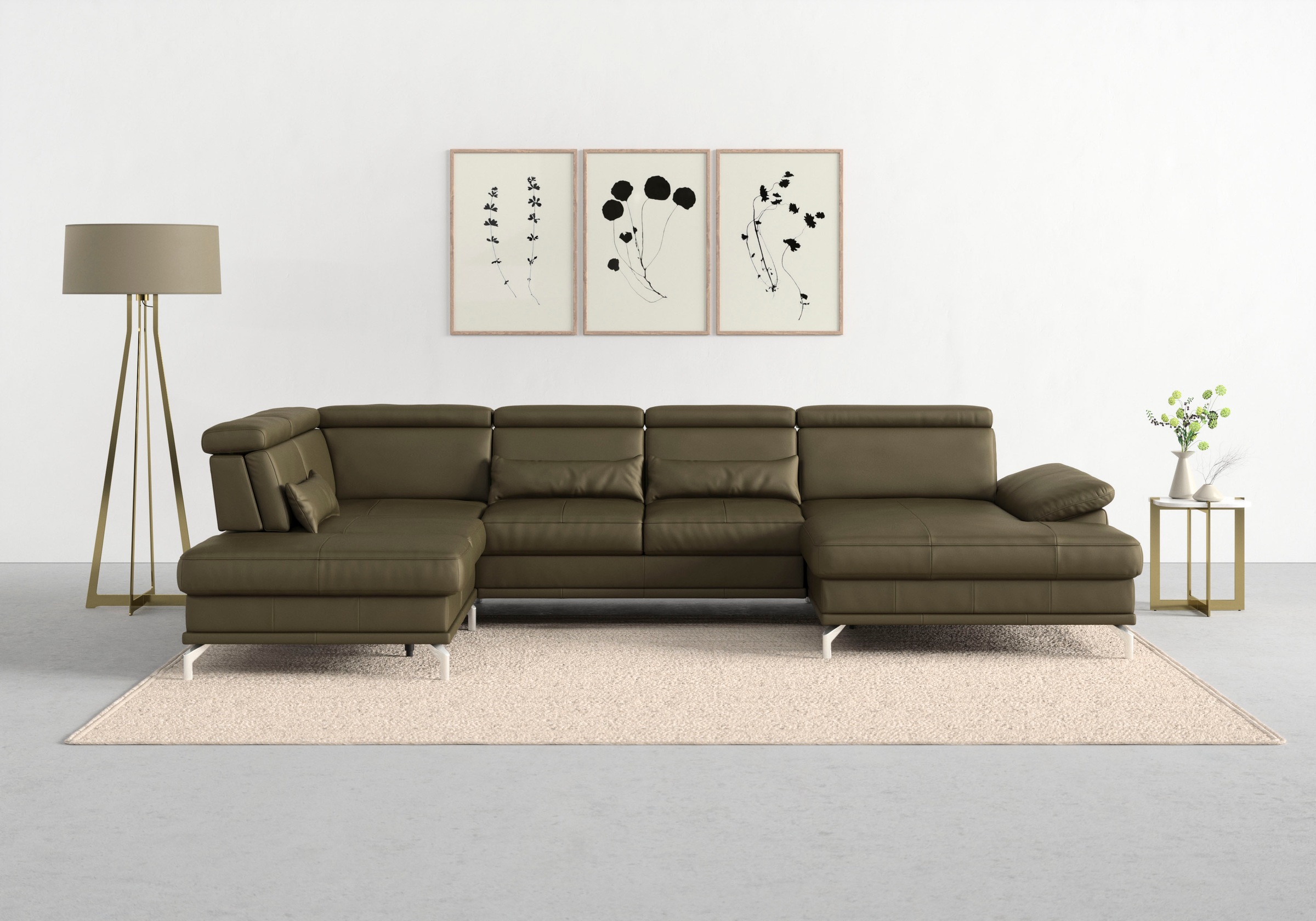 Wohnlandschaft SIT & MORE "Cabrio U-Form, B: 359 cm, mit Sitztiefen-, Arm- & Kopfteilverstellung", grün (olive), B:359cm H:87cm T:230cm, Sofas, Wohnlandschaft, 3 Nierenkissen, Federkern, optional Bettfunktion und Stauraum 4