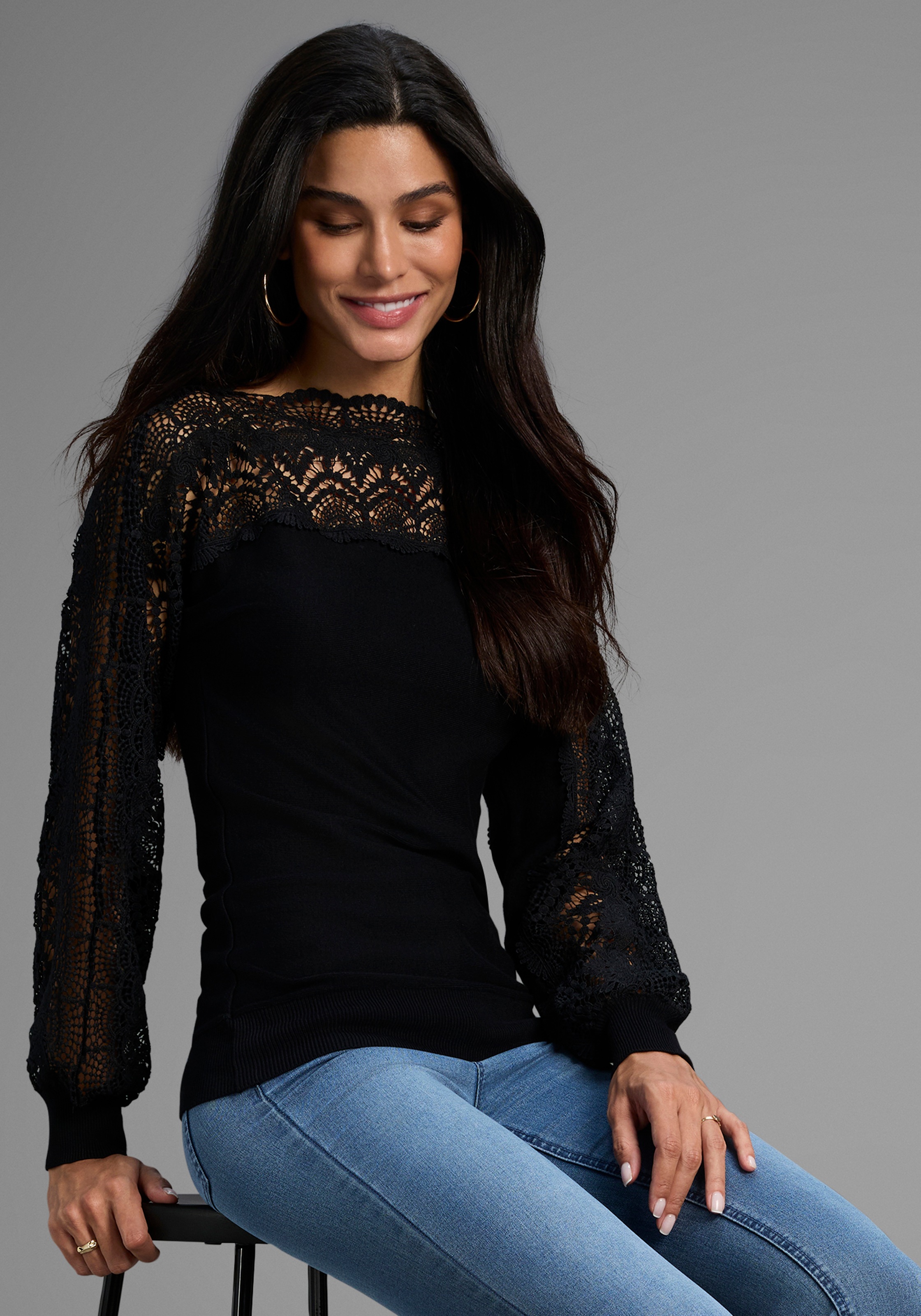Bruno Banani Strickpullover, mit Spitze auf Ärmel und Schulter - NEUE KOLLE günstig online kaufen