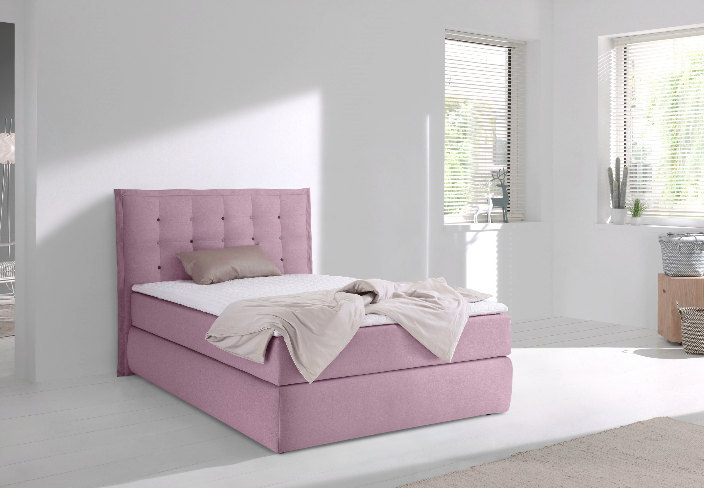 Boxspringbett HOME AFFAIRE "Sagres", rosa (rosé), B:155cm L:210cm, Feinstruktur(100% Polyester);Bezug der Spiegelfläche Matratzendrell aus 100% Polyester, Komplettbetten, Boxspringbett, Kopfteil mit 2farbiger Flatterbiese und zweifarbigen Knöpfen