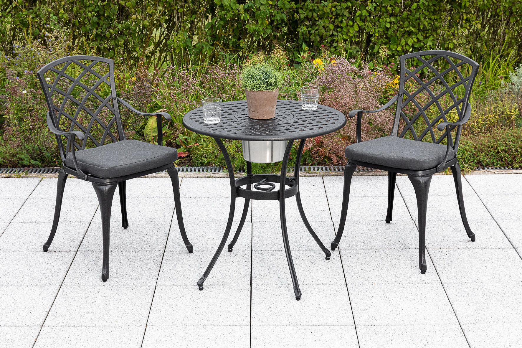 MERXX Garten-Essgruppe »»Rhodos««, (Set, 5 tlg., Aluminiumguss, Inkl. Auflagen), Tisch: Øx H: 70x70 cm