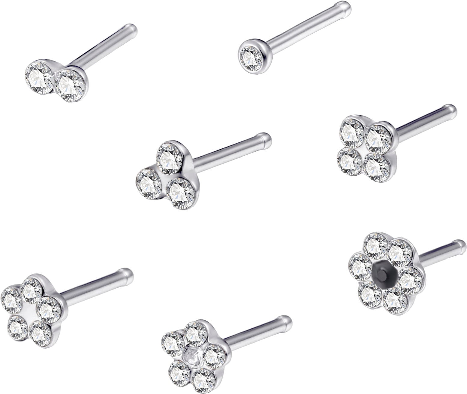 Nasenpiercing-Set FIRETTI "Multipack Schmuck Geschenk Edelstahl Piercing Nasenstecker Flower", schwarz (edelstahlfarben, kristallweiß, schwarz, kristallweiß, schwarz), Piercings, Damen, Edelstahl, mit Preciosa Crystal