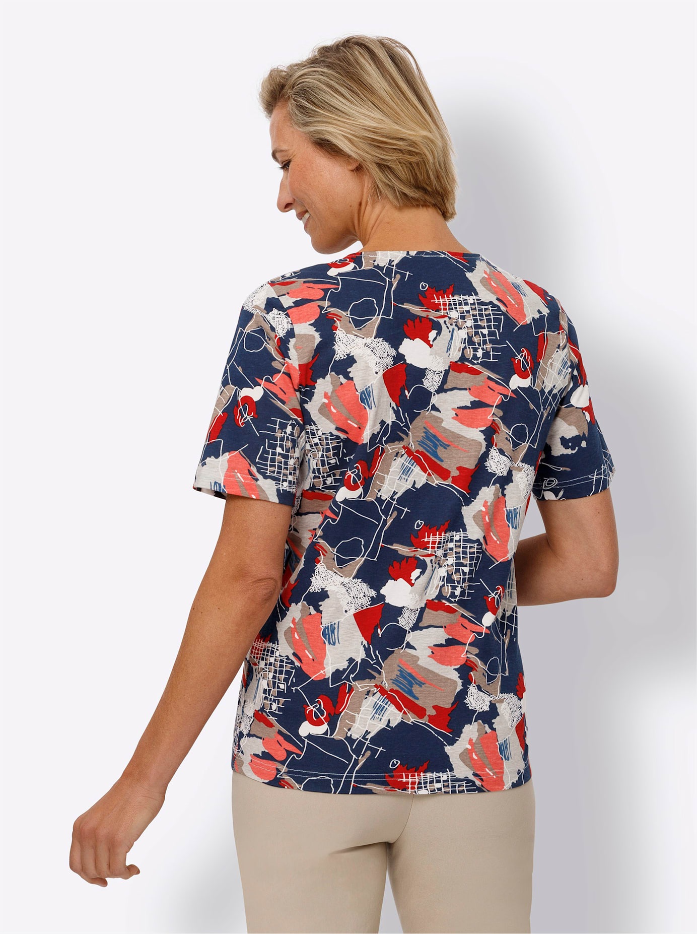 Kurzarmshirt CLASSIC BASICS "Kurzarm-Shirt", Damen, Gr. 42, bunt (marine, koralle, bedruckt), 100% Baumwolle, bedruckt, gemustert, mehrfarbig, Rundhals, Shirts 2