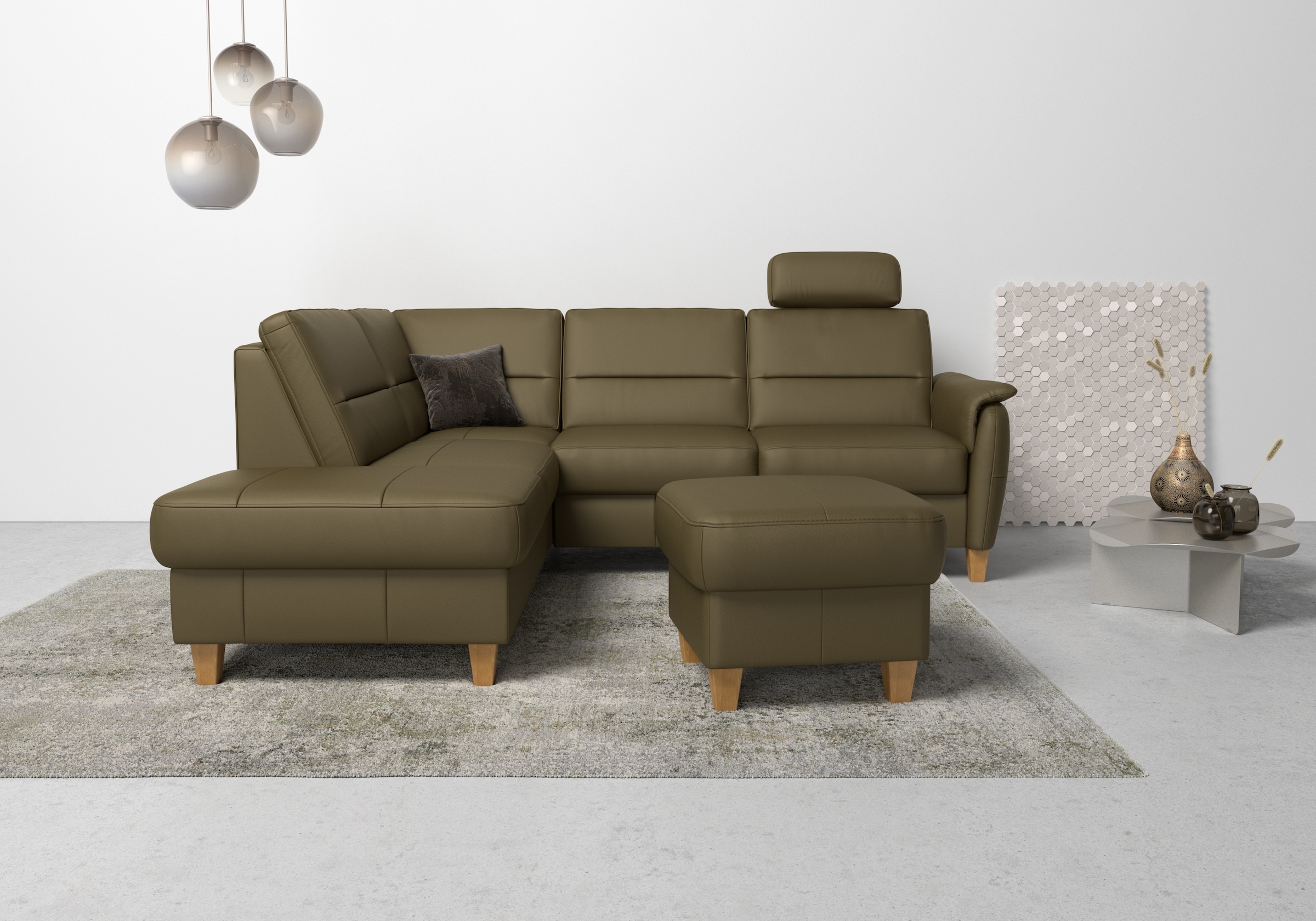 Home affaire Ecksofa "Palmera, L-Form, B: 236 cm, Bettfunktion & Bettkasten wählbar" Federkern-Polsterung, Sitzhöhe 48 cm, handgefertigt, stilvolles Design
