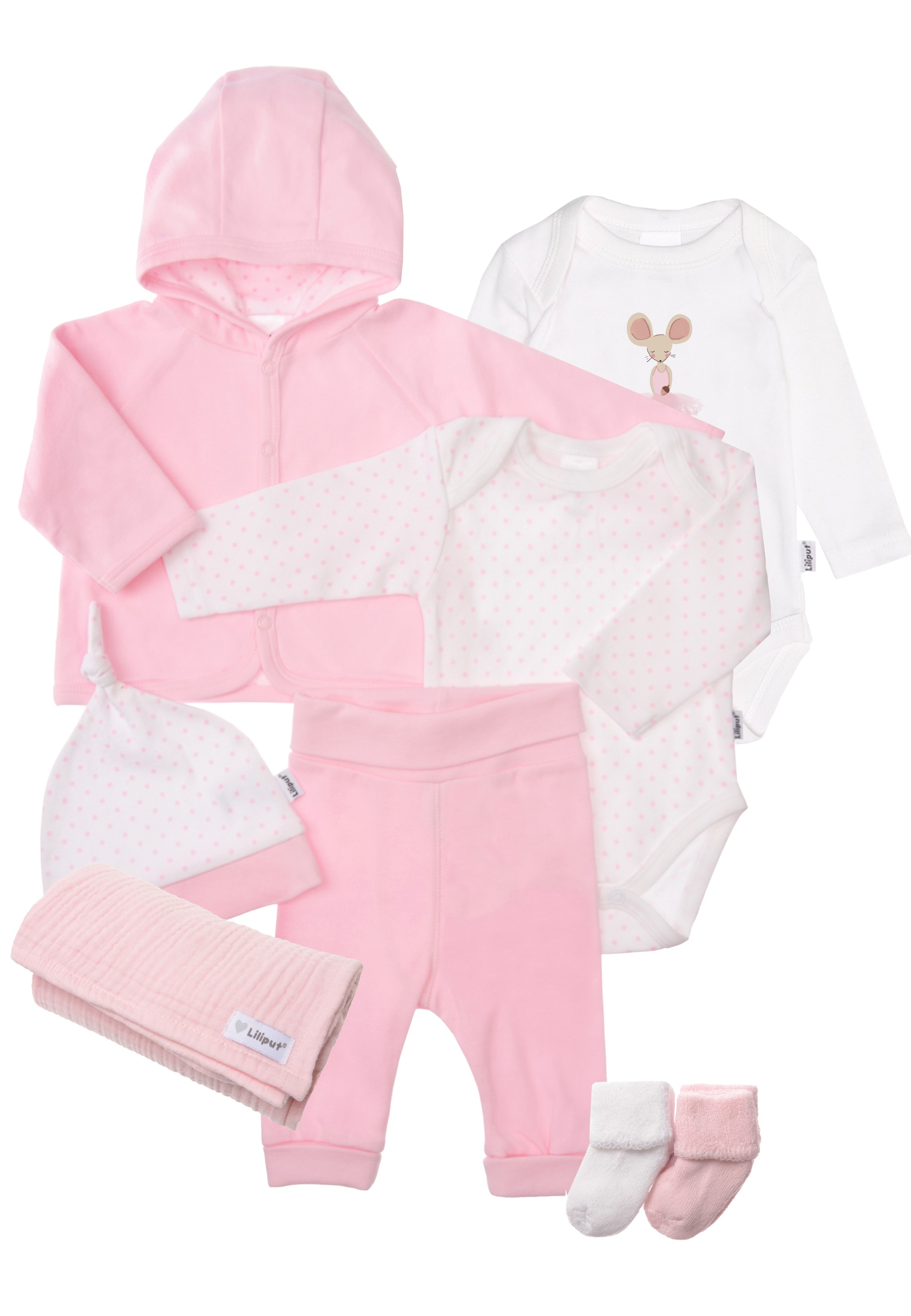 Liliput Erstausstattungspaket "Pünktchen" Bodies, Jacke, Hose, Mütze, Mullwindel und Socken