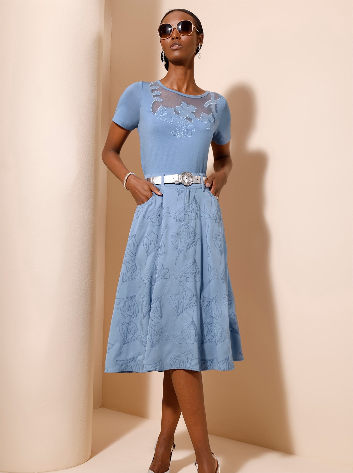 Kurzarmshirt CREATION L "Shirt", Damen, Gr. 48, bleu, 95% Viskose, 5% Elasthan, unifarben, Rundhals, Shirts