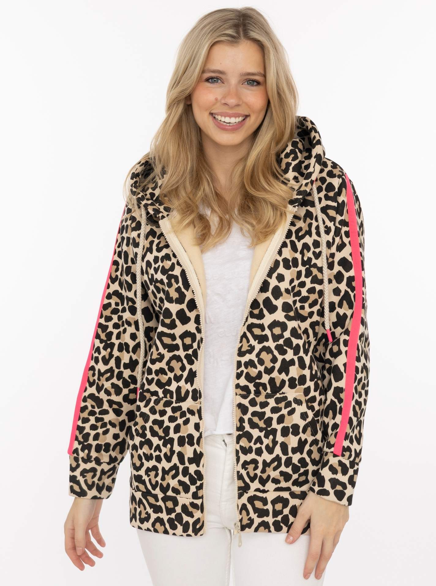 Zwillingsherz Kapuzensweatjacke ""Leo Stripe"" Leomuster, pinker Streifen am Arm, Kapuze mit Kordel, Tasche, Zipper